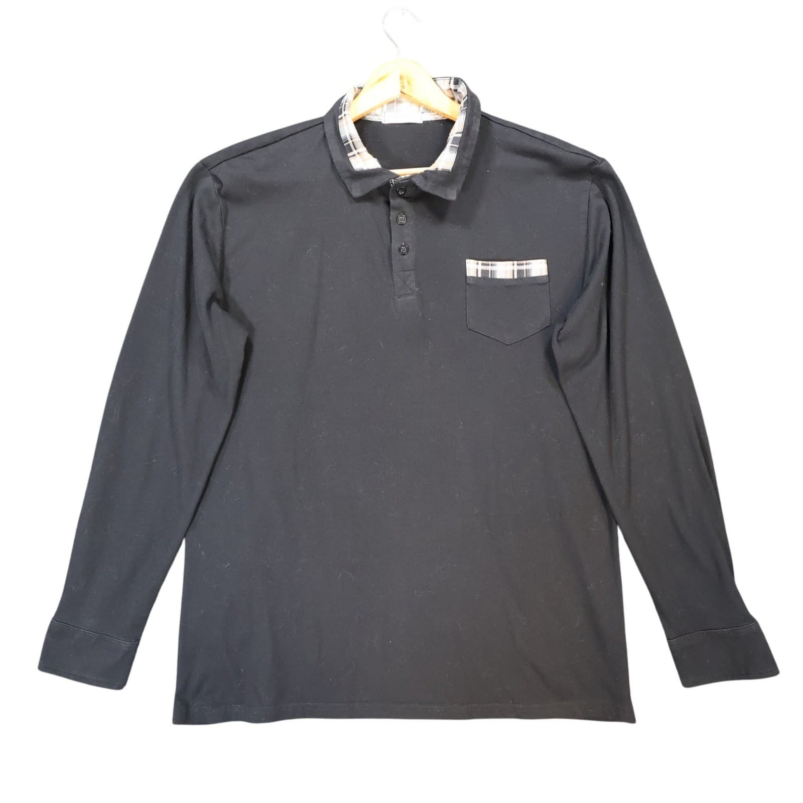 Coofandy Polo Mens Medium Black Excellent Plaid Trim Long Sleeve Pocket