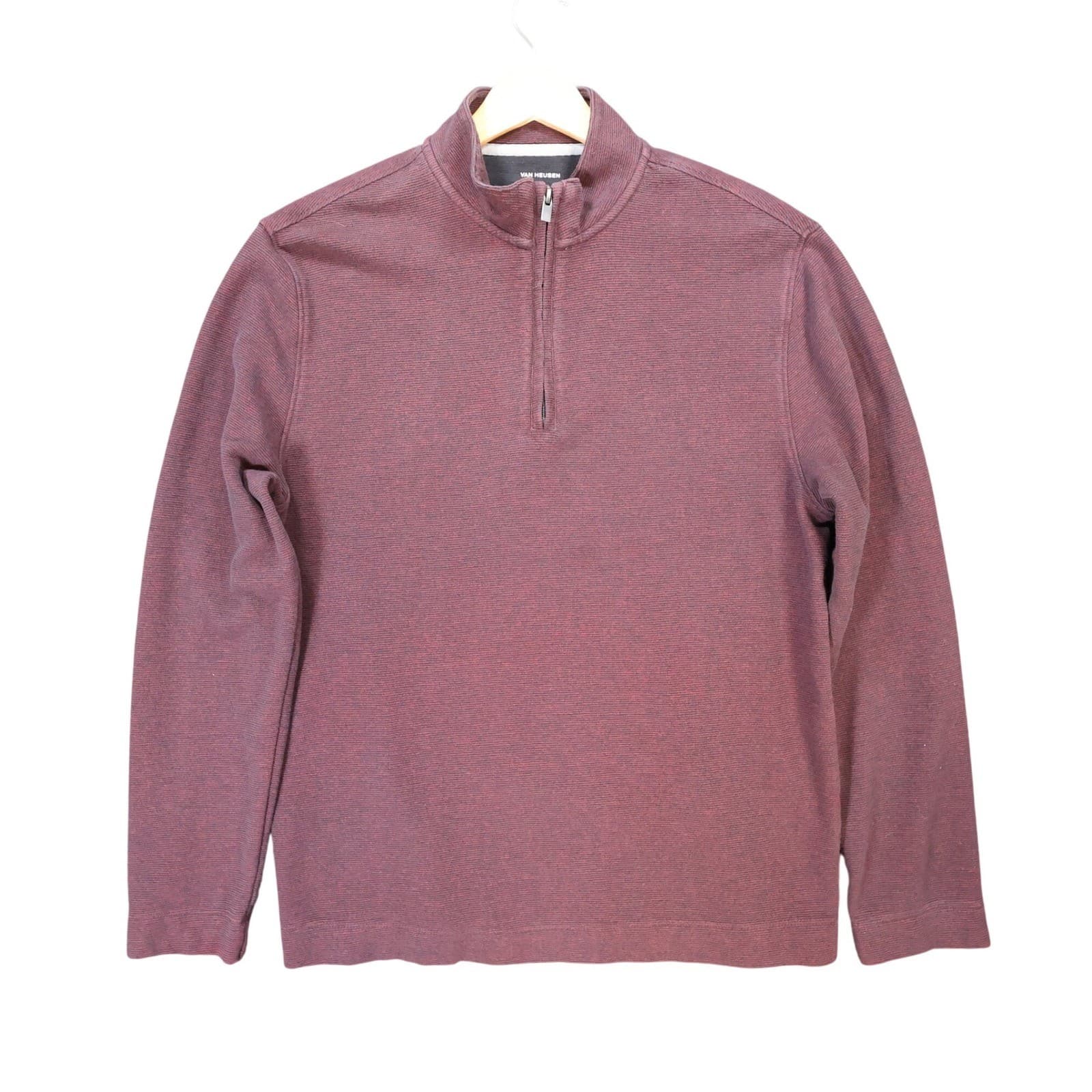 Van Heusen Pullover Mens M Burgundy Excellent Quarter Zip Ribbed Knit