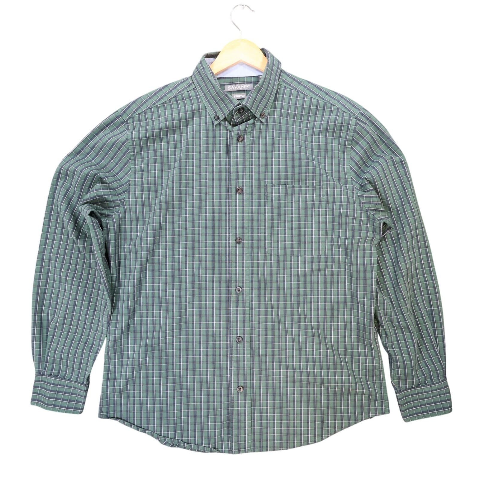 Savane Button Up Mens Medium Green Excellent Stretch Plaid RS5929