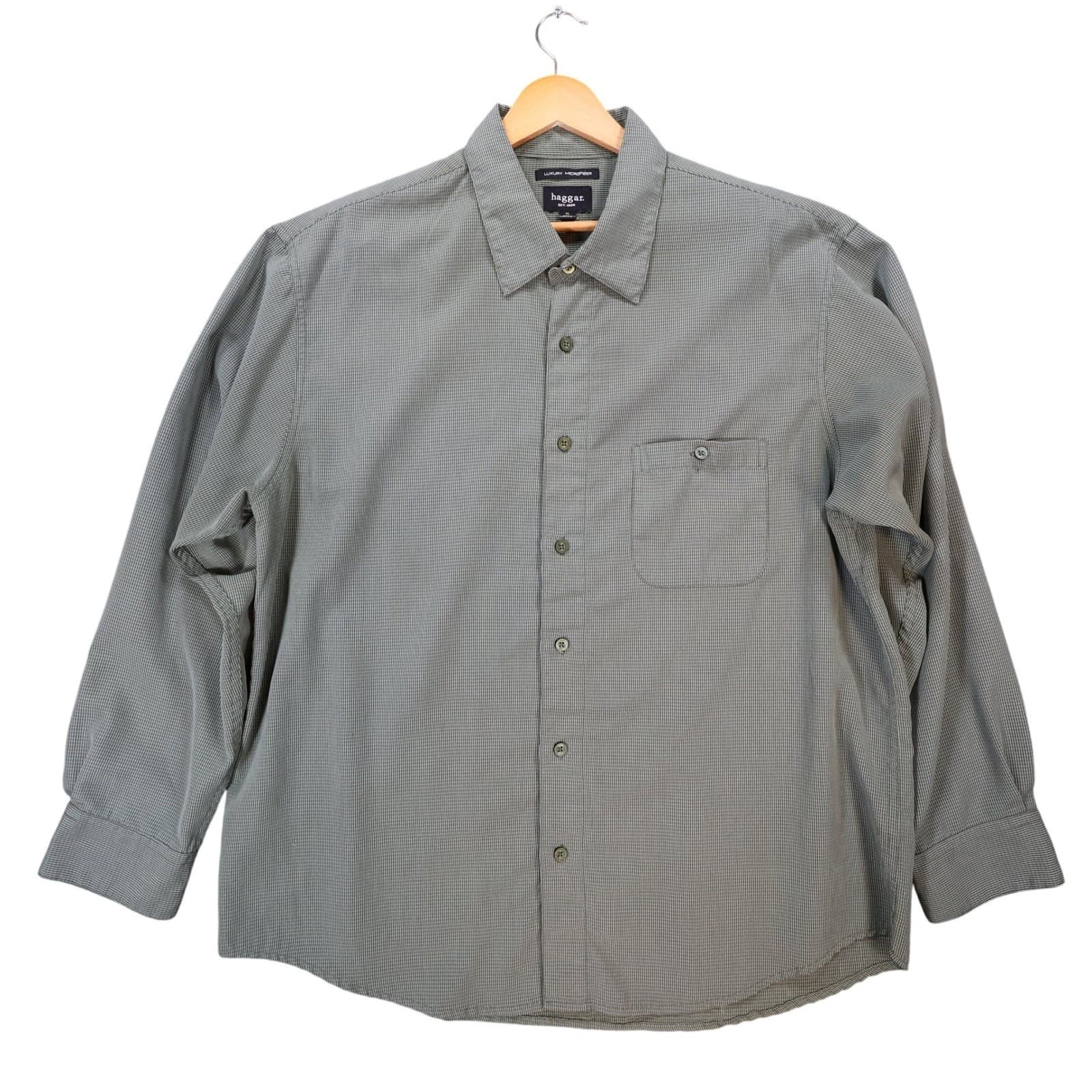 Haggar Button Up Shirt Mens L Green Excellent Micro Check Long Sleeve 1689