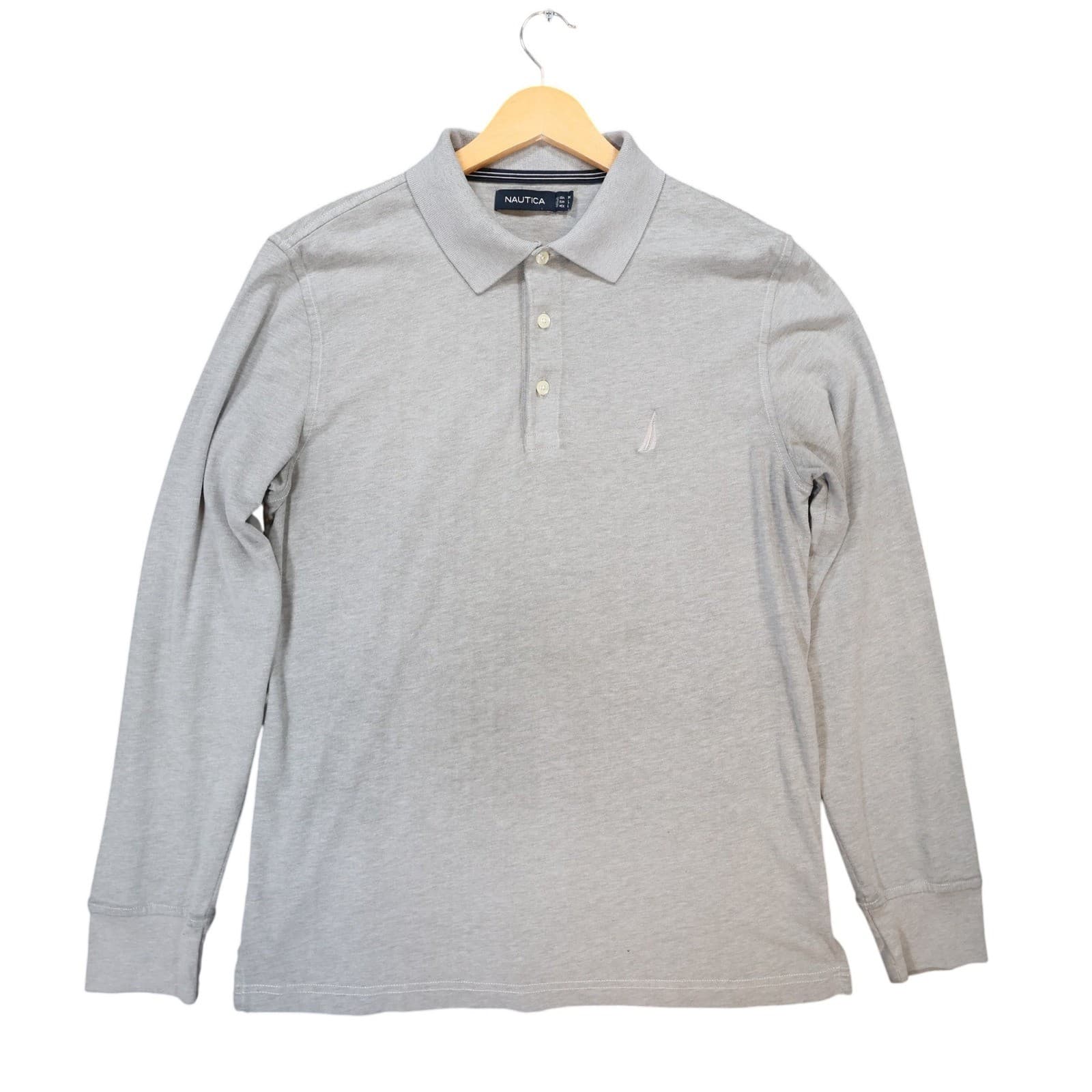 Nautica Polo Mens Medium Gray Excellent Long Sleeve Embroidered Logo