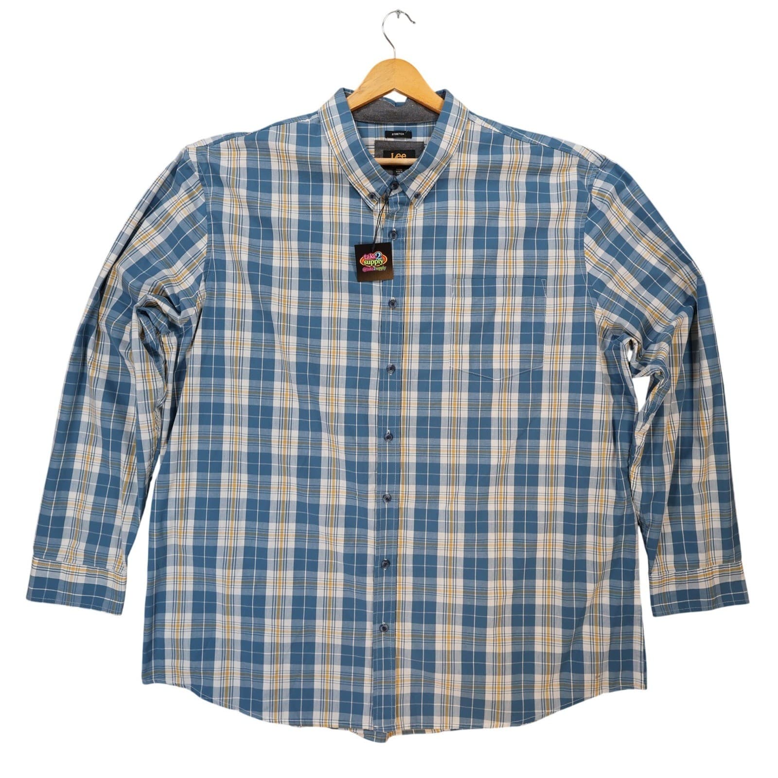 Lee Button Up Mens XXXL Blue Plaid Excellent Stretch Regular Fit Long Sleeve