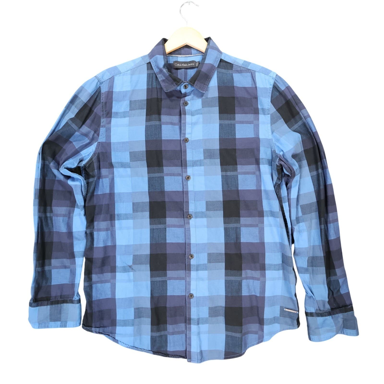 Calvin Klein Jeans Shirt Mens L Blue Excellent Plaid Long Sleeve Button Up