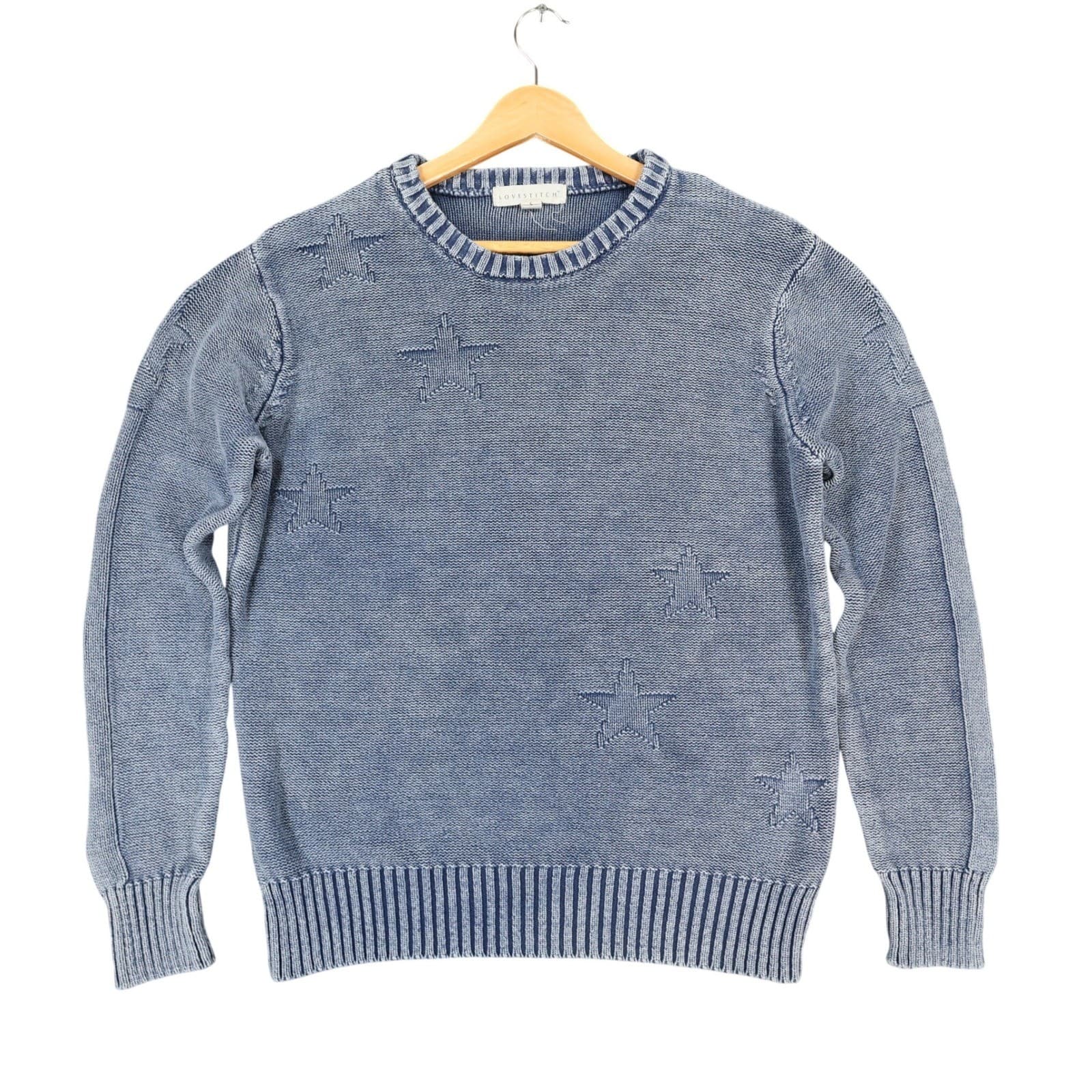 Lovestitch Sweater Womens Small Blue Cotton Star Knit Acid Wash Crewneck
