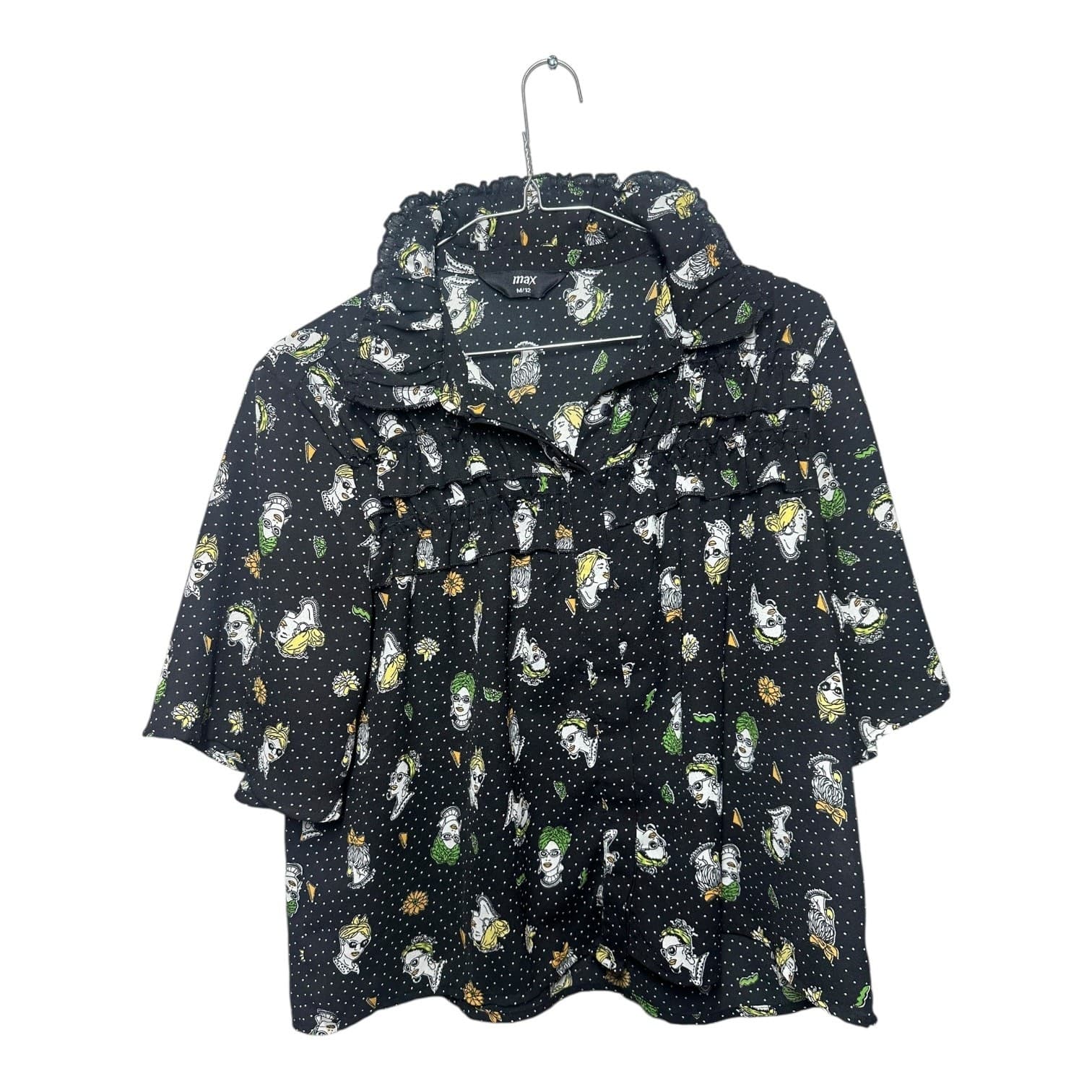 Max Women's Women's Black Artistic Face Print Ruffle Blouse Size M/12