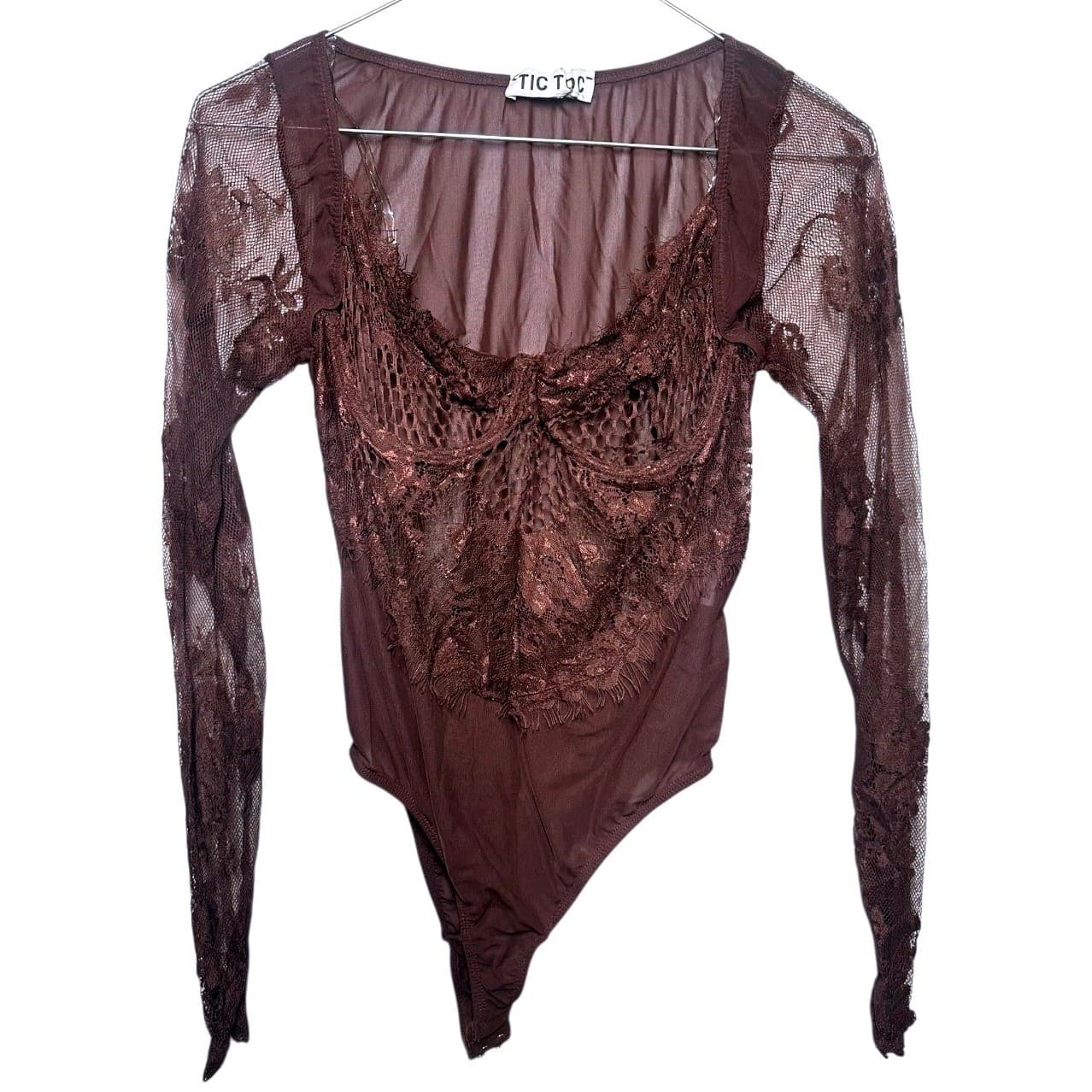TIC TOC Brown Sheer Lace Long Sleeve Bodysuit Corset Style Women's Size S
