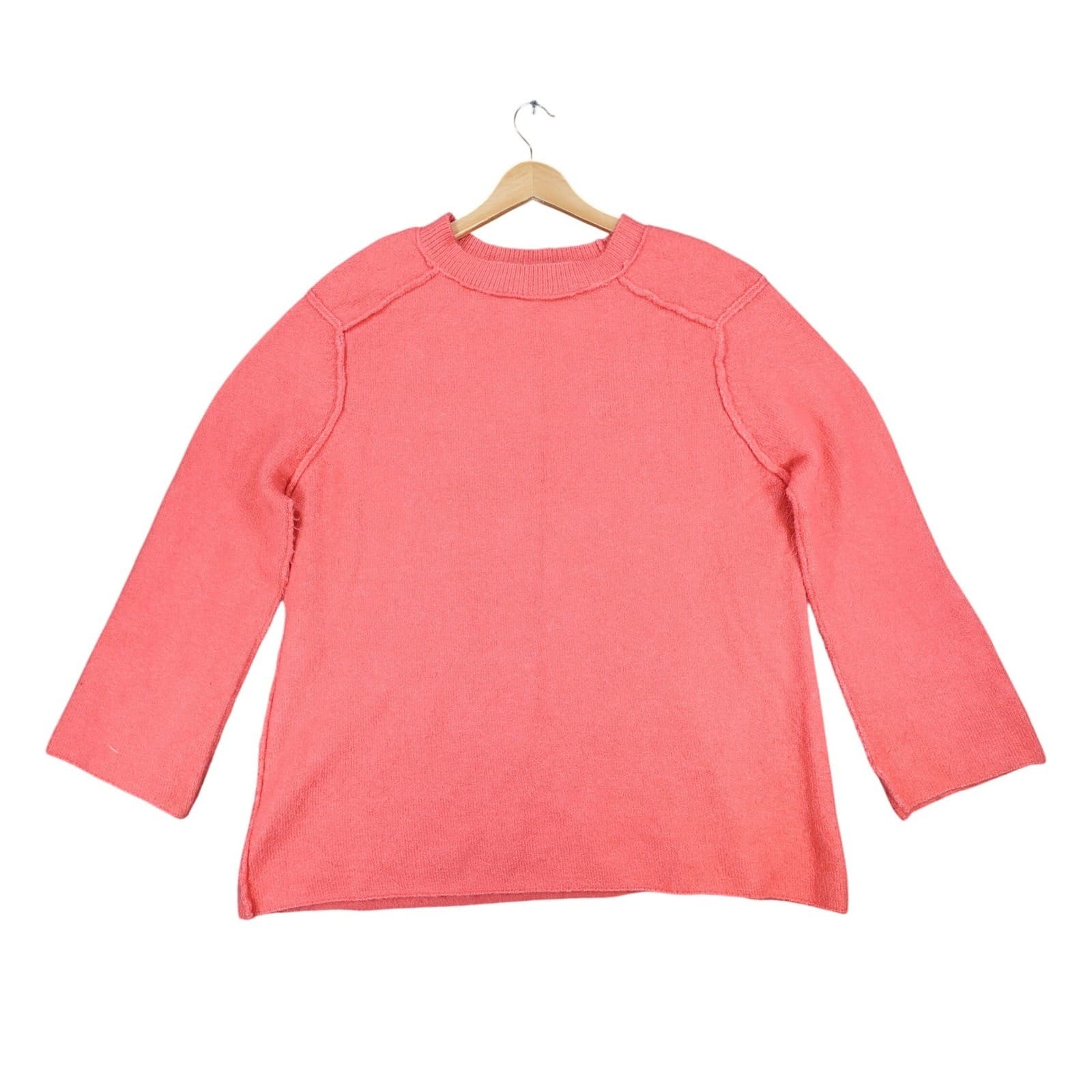 Zara Knit Sweater Womens Small Coral Pink Fuzzy Relaxed Fit Exposed Seam Casual