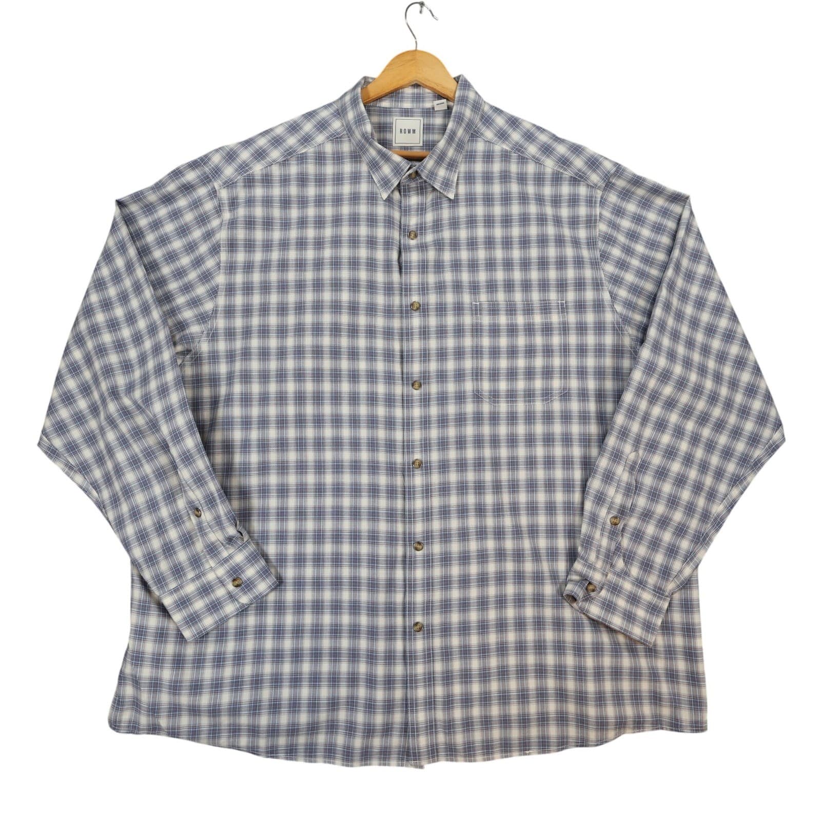ROWM Button Down Shirt Mens 2XB Blue White Plaid Cotton Big & Tall Long Sleeve