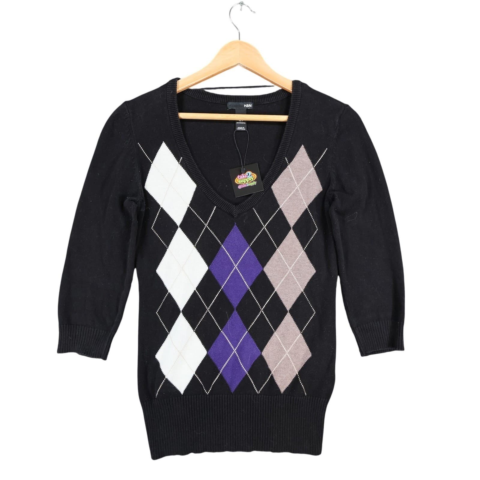 H&M Argyle Sweater Womens Small Black Cotton V-Neck 3/4 Sleeve Preppy Knit Top
