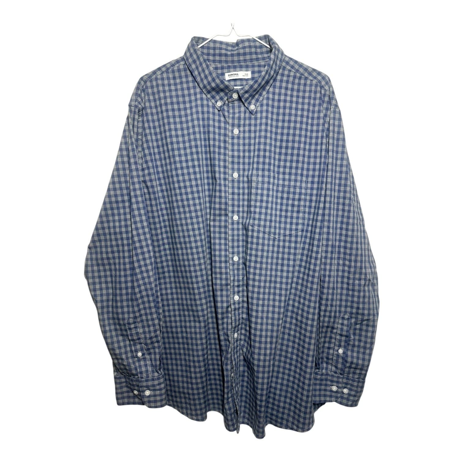SONOMA Men's 2XB Blue Grey Gingham Button-Up Shirt Classic Fit Casual