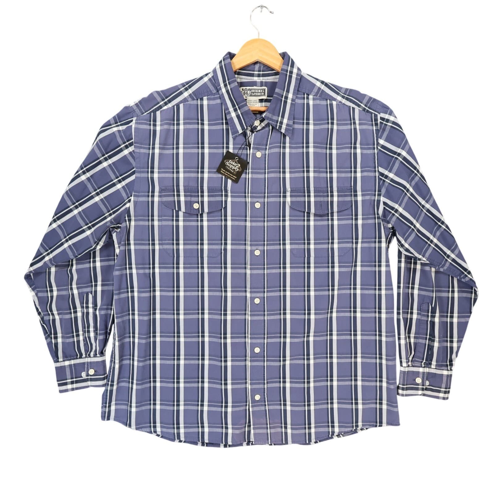 Route 66 Button Up Shirt Mens XL Blue Cotton Plaid Long Sleeve Casual