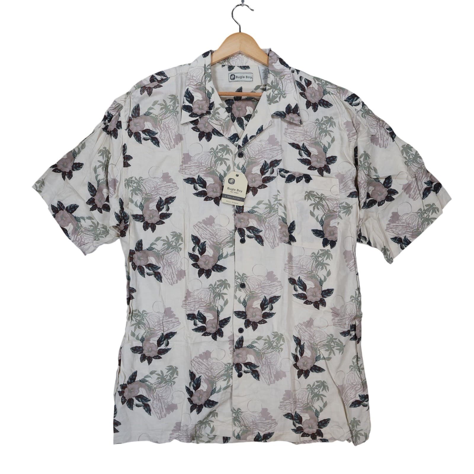 Bugle Boy Button Up Shirt Mens XL Beige New Tropical Floral Rayon Short Sleeve