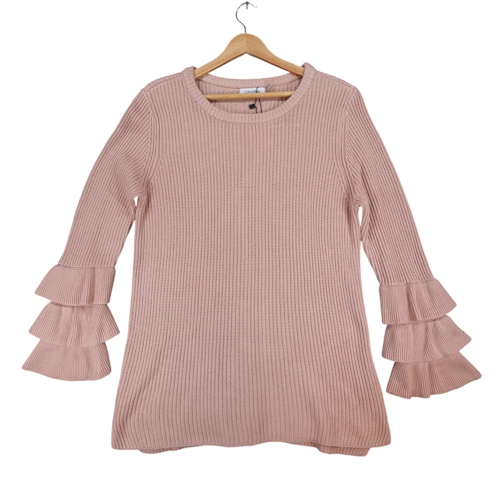 Calvin Klein Sweater Womens M Pink Acrylic Shaker Knit Tiered Ruffle Bell Sleeve