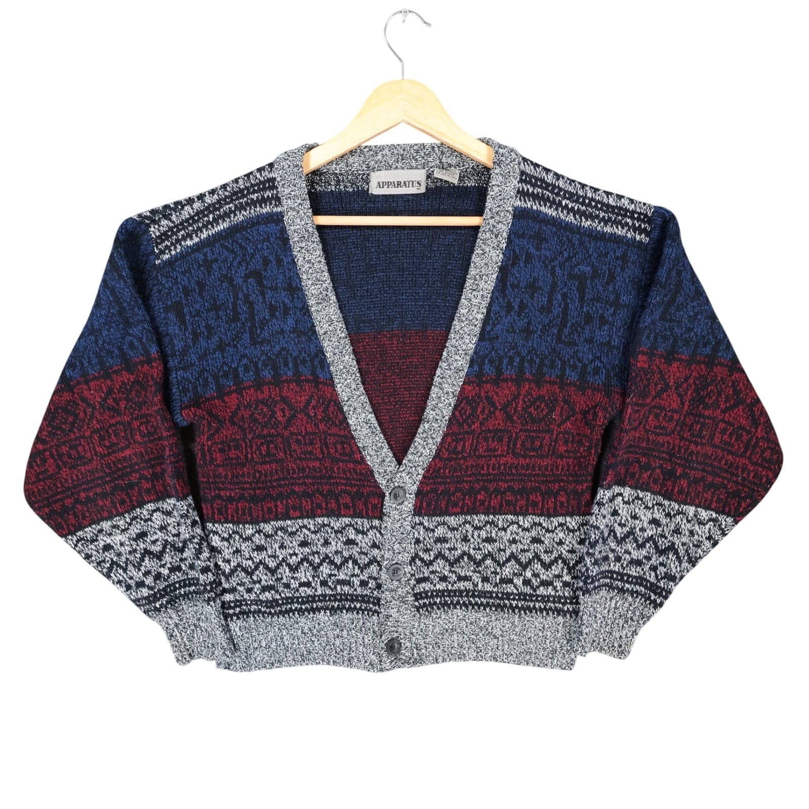 Apparatus Cardigan Sweater Boys M Blue Red Grey Acrylic Knit Geometric V-Neck
