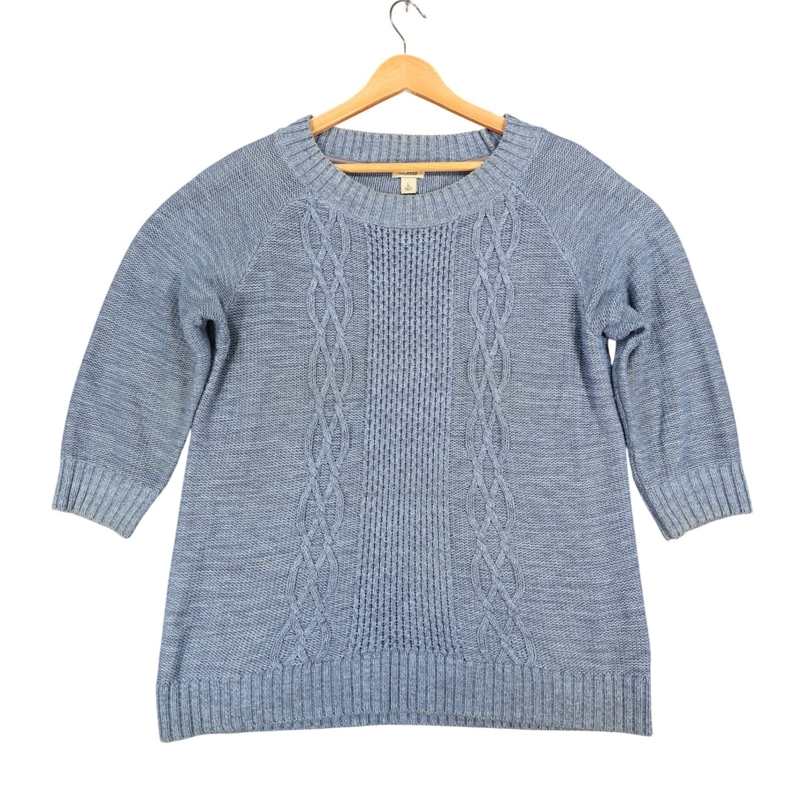 L.L.Bean Sweater Women Large Blue Cotton Blend Cable Knit 3/4 Sleeve Casual
