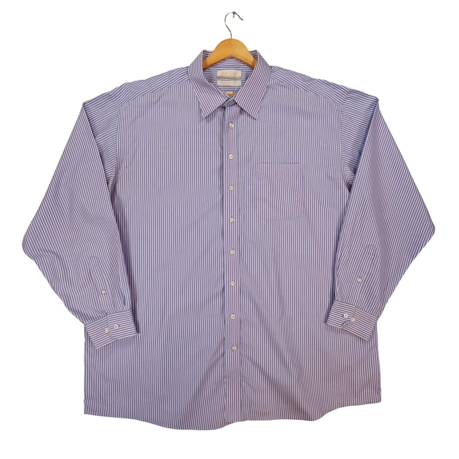 Roundtree & Yorke Dress Shirt Mens 18.5 Blue Pink Cotton Poplin Big Striped Gold