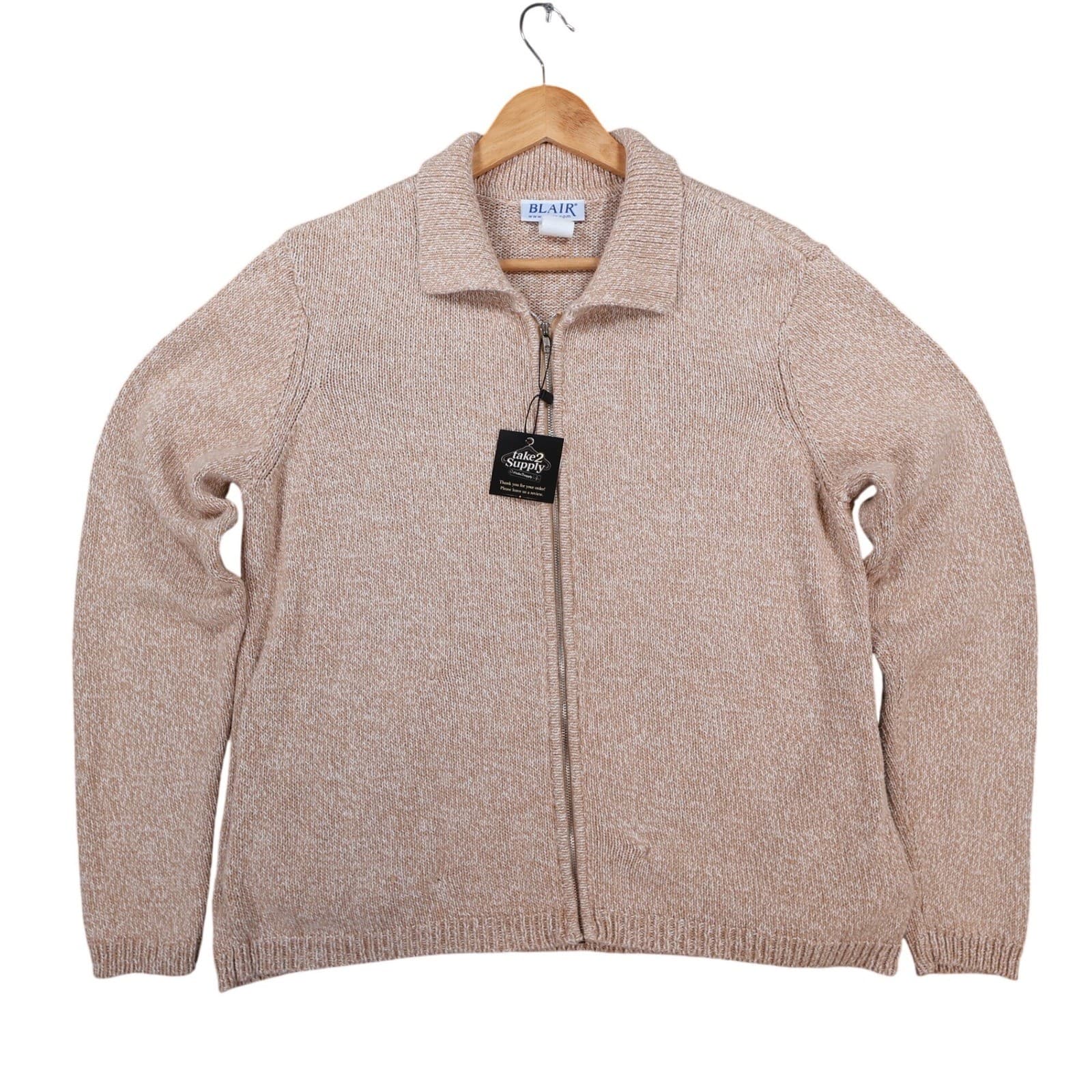 Blair Full Zip Cardigan Sweater Womens Small Tan Ramie Cotton Classic Knit