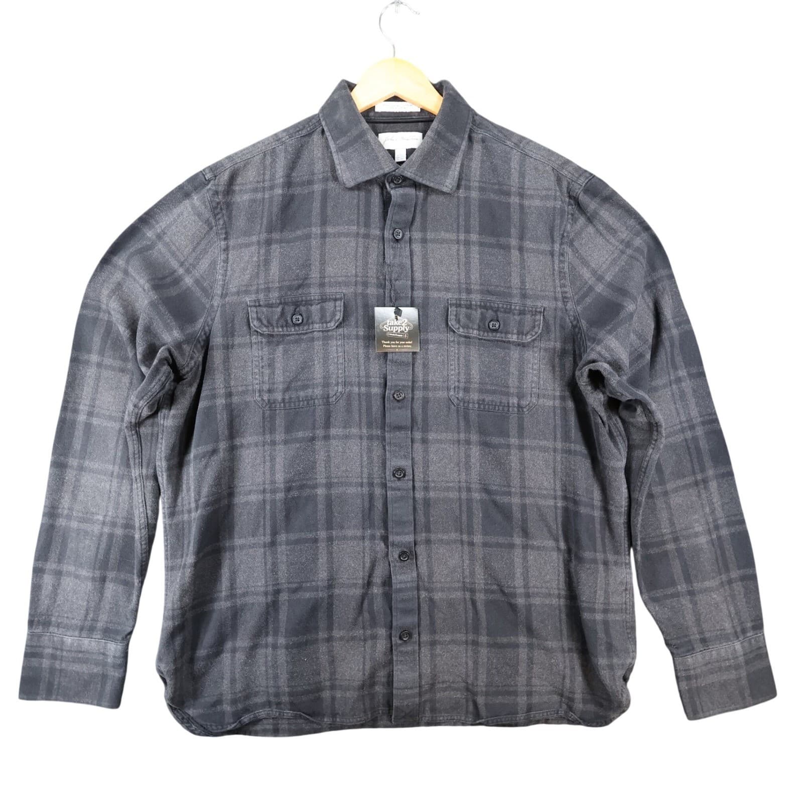 John W. Nordstrom Flannel Shirt Mens Large Gray Supima Cotton Elbow Patch Plaid