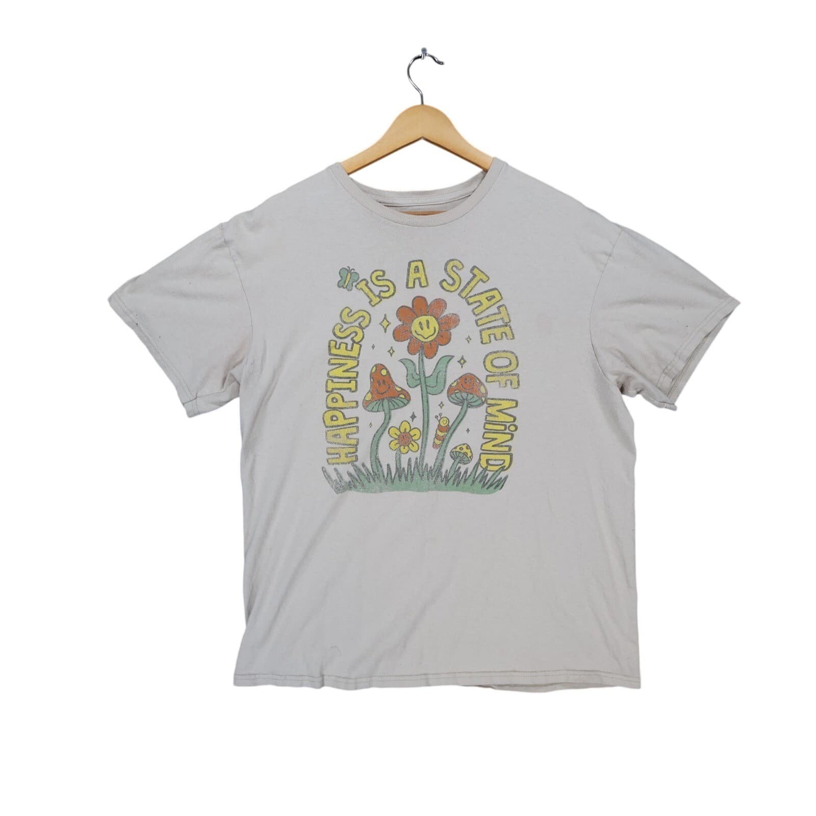 DOM T-Shirt Mens Large Beige Excellent Happiness Is A State Of Mind Graphic Tee