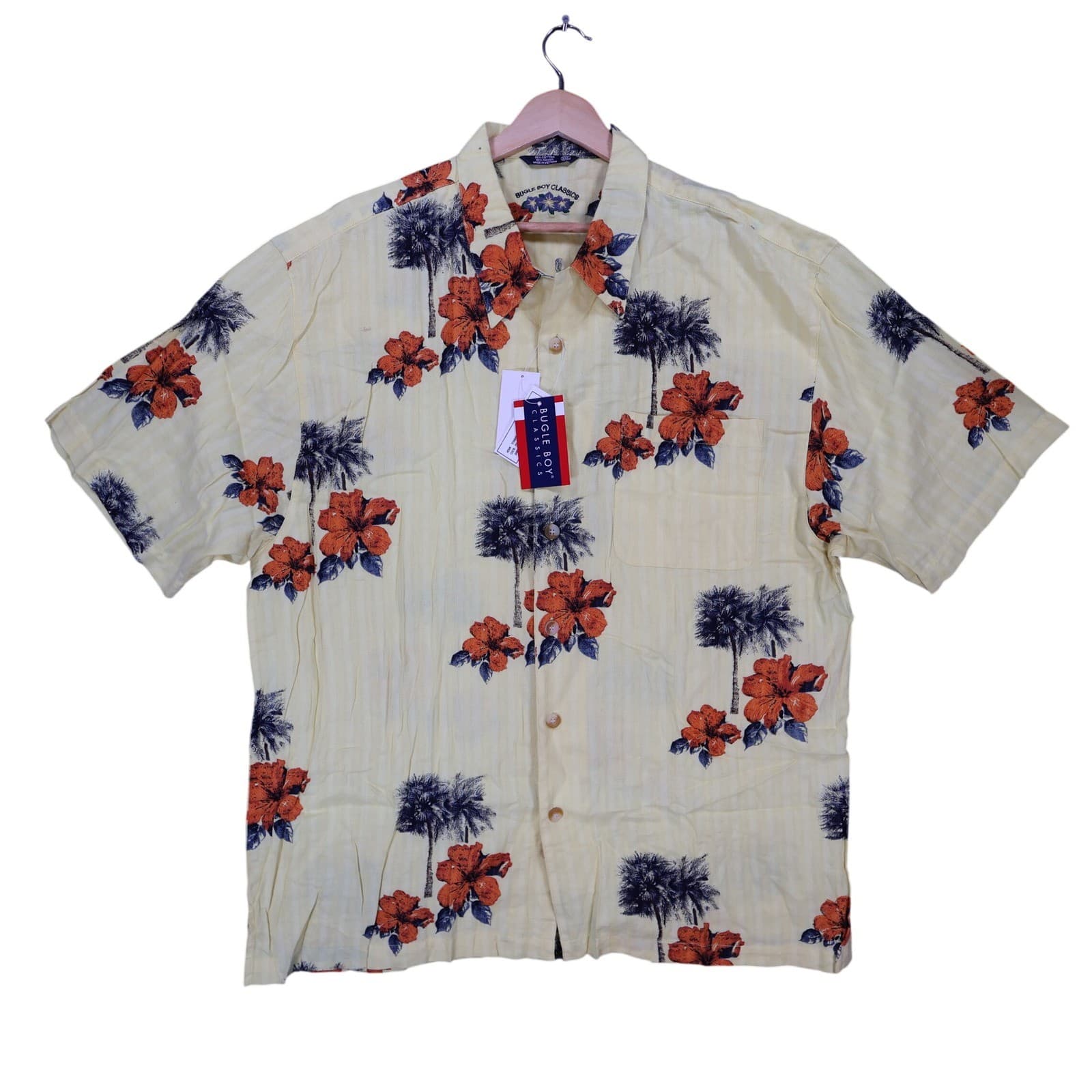 Bugle Boy Button Up Shirt Mens XXL Yellow Cotton Rayon Hawaiian Tropical Floral