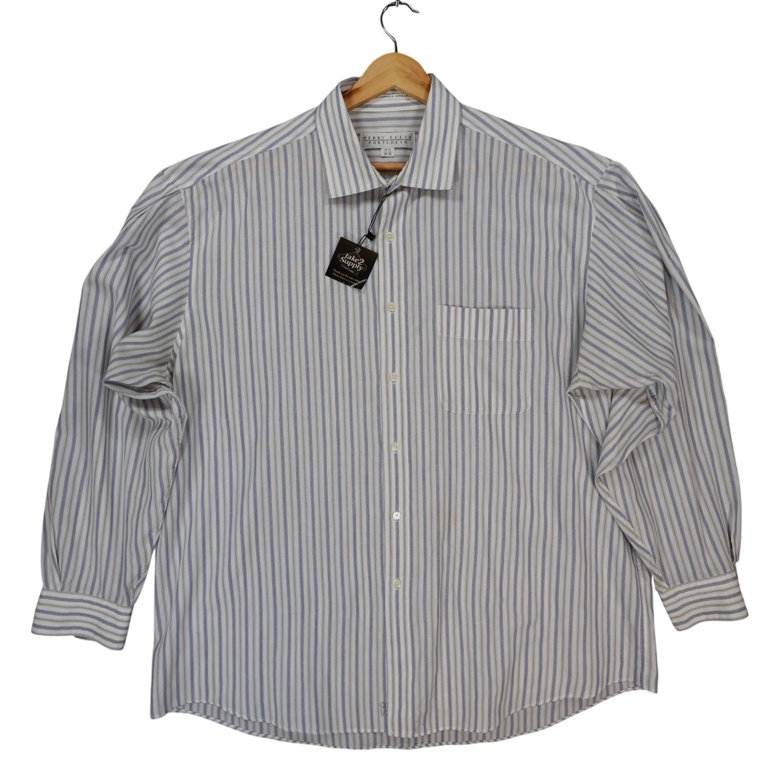Perry Ellis Portfolio Dress Shirt Mens 17.5 Blue Excellent Striped Long Sleeve