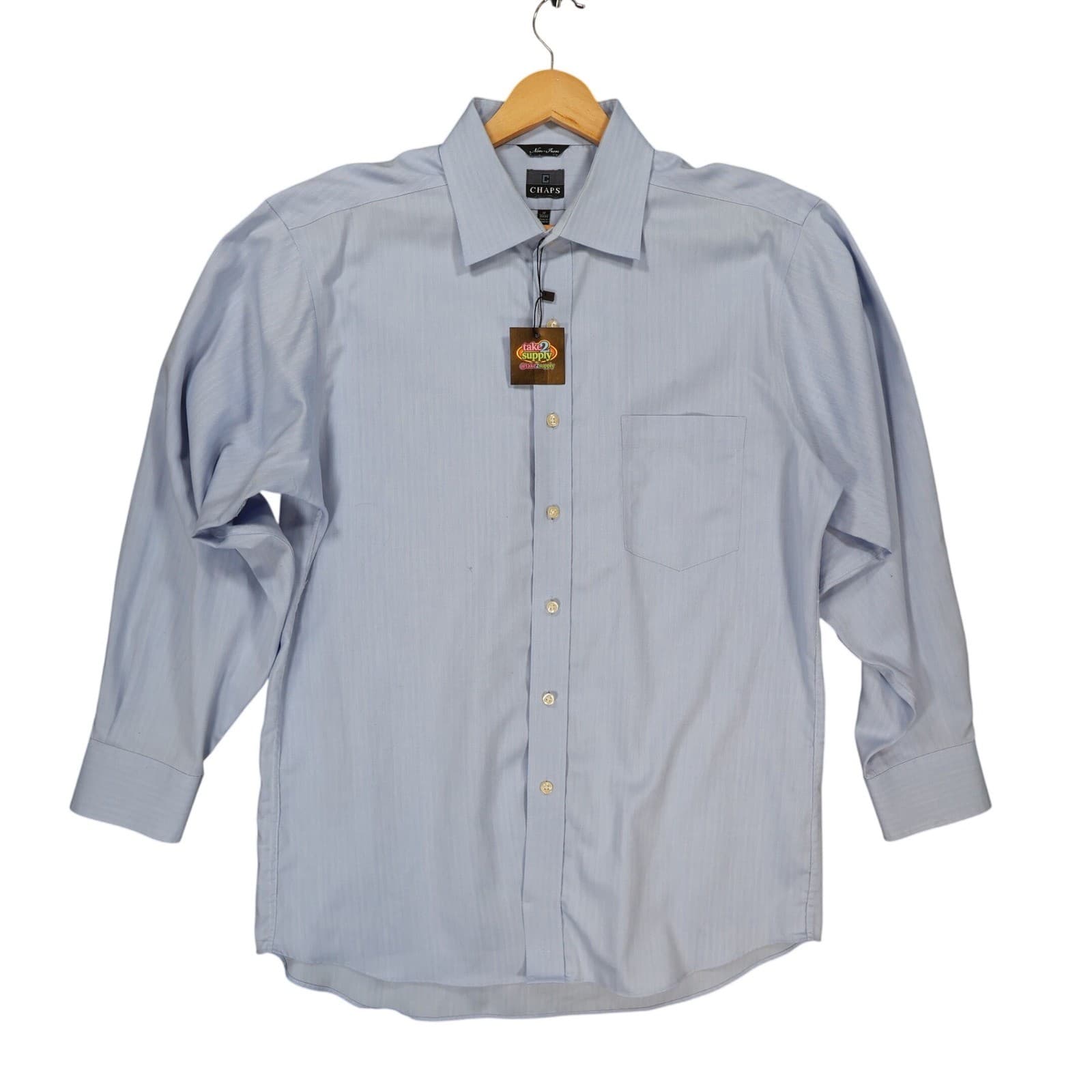 Chaps Button Up Mens 17 32/33 Blue Excellent Herringbone Non-Iron Long Sleeve
