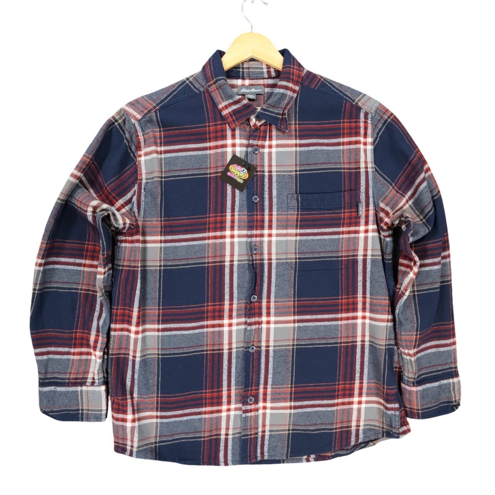 Eddie Bauer Flannel Shirt Mens L Blue Red Excellent Plaid Cotton Long Sleeve