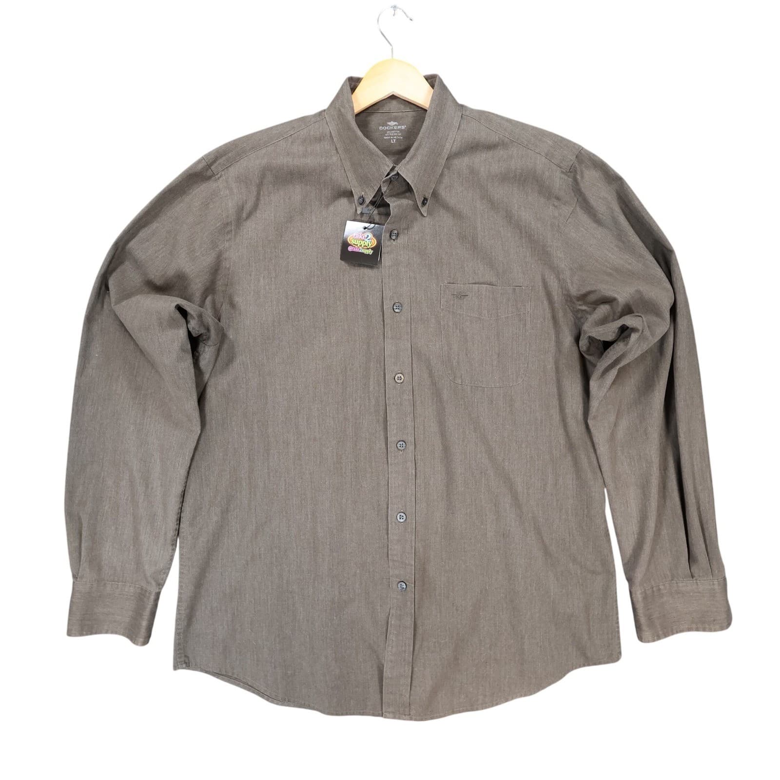 Dockers Button Down Mens LT Brown Excellent Stain Defender Long Sleeve
