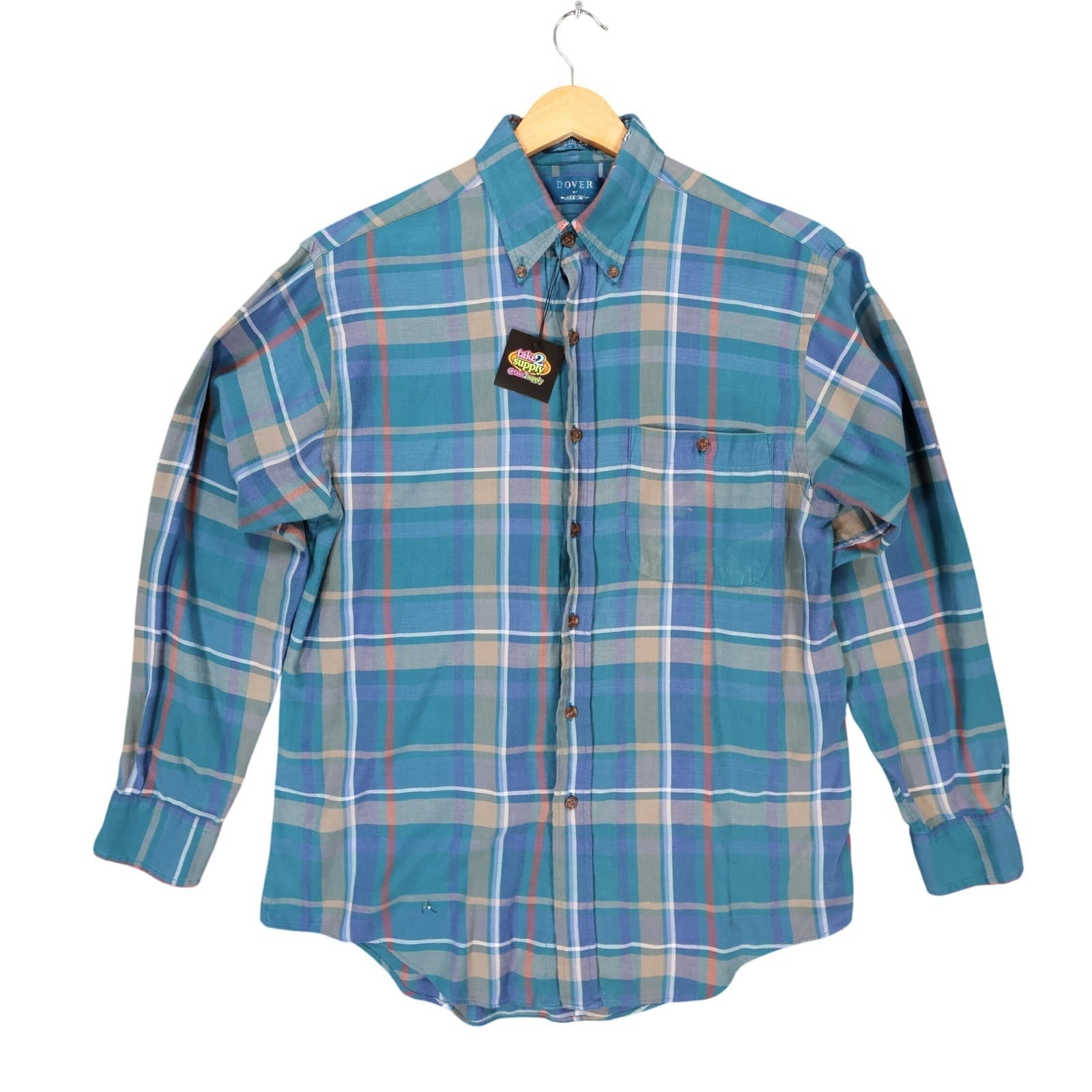 Dover by Arrow Button Down Shirt Mens Medium Blue Excellent Plaid Long Sleeve