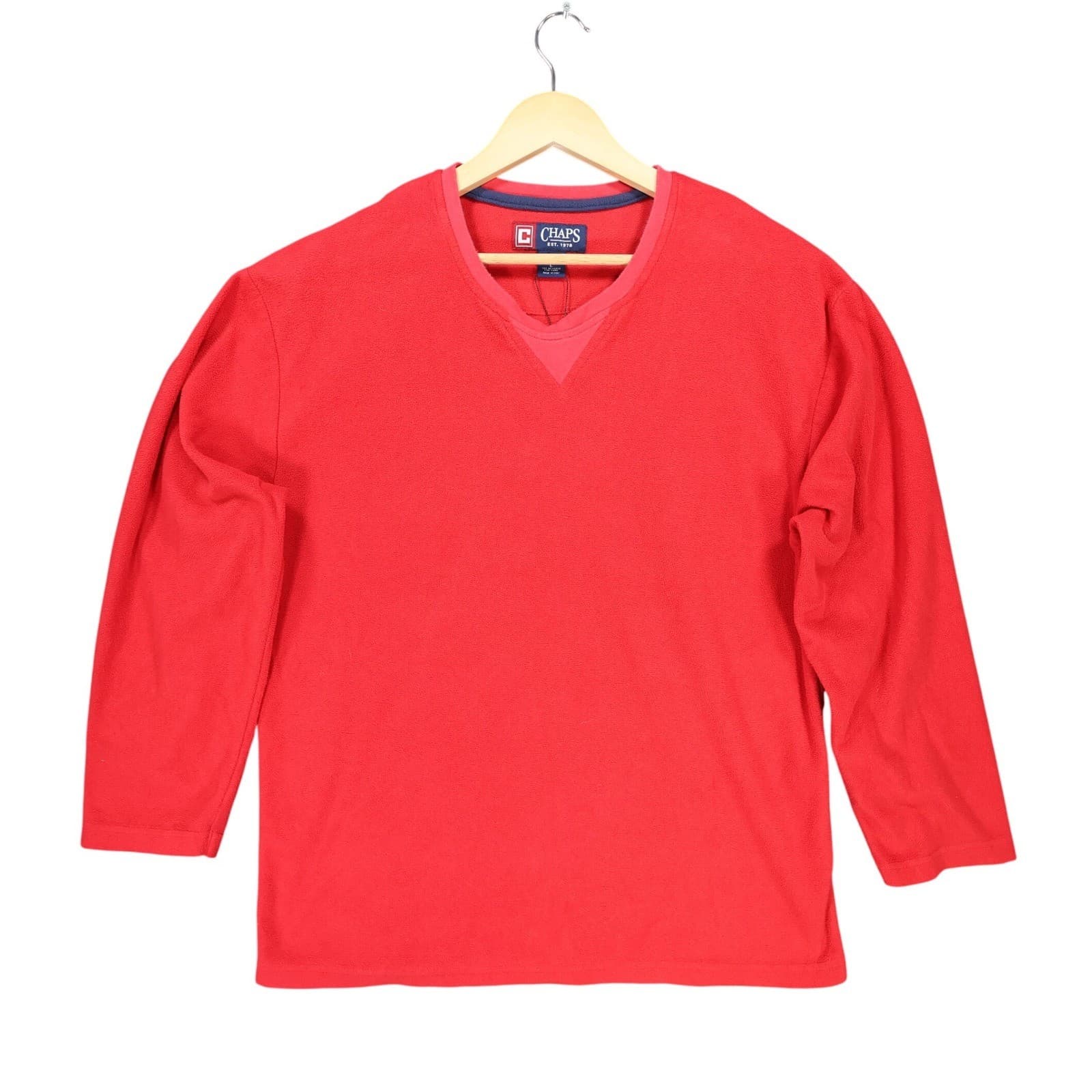 Chaps Fleece Pullover Mens Large Red Excellent V-Neck Long Sleeve