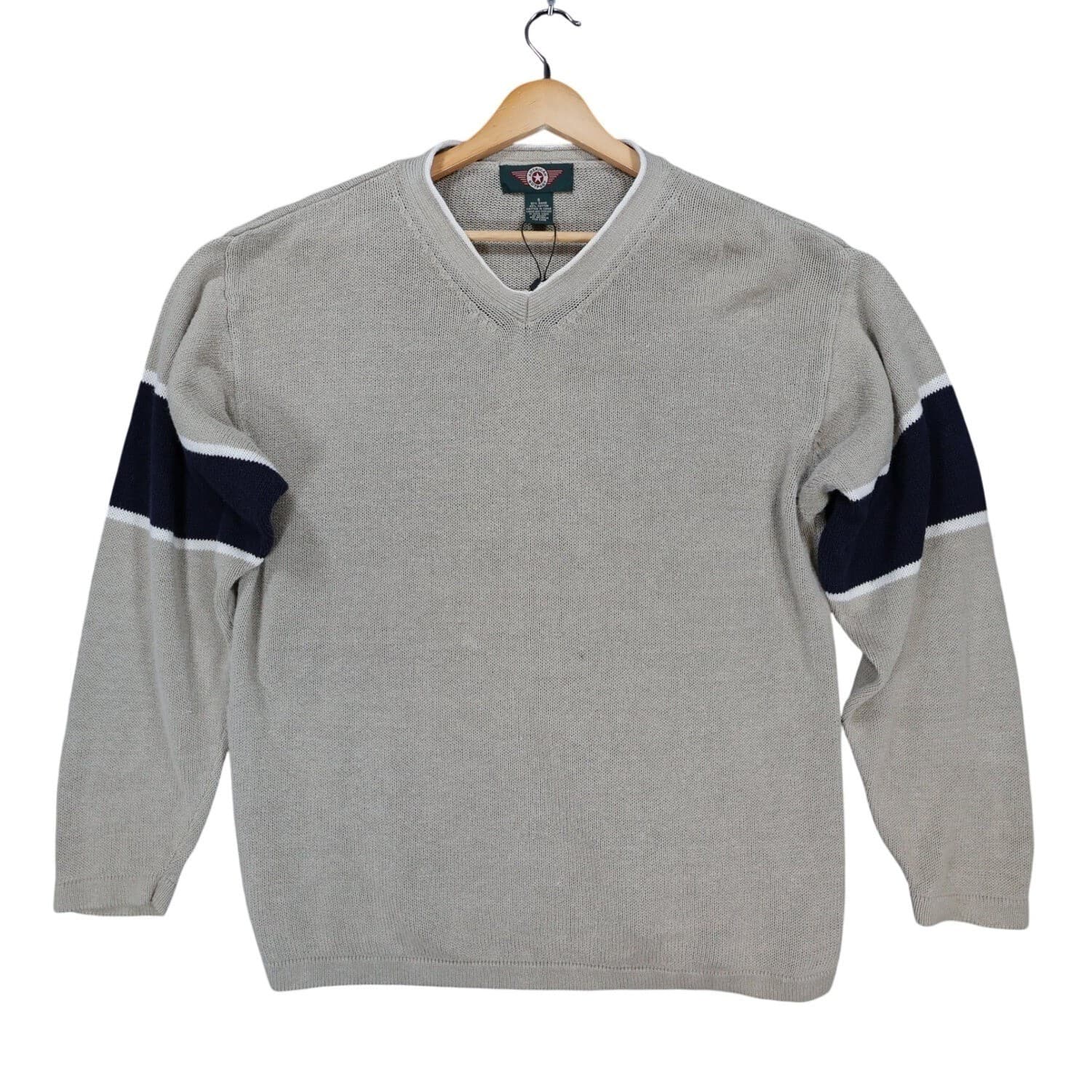 American Outpost Sweater Mens S Tan Excellent V-Neck Striped Sleeve