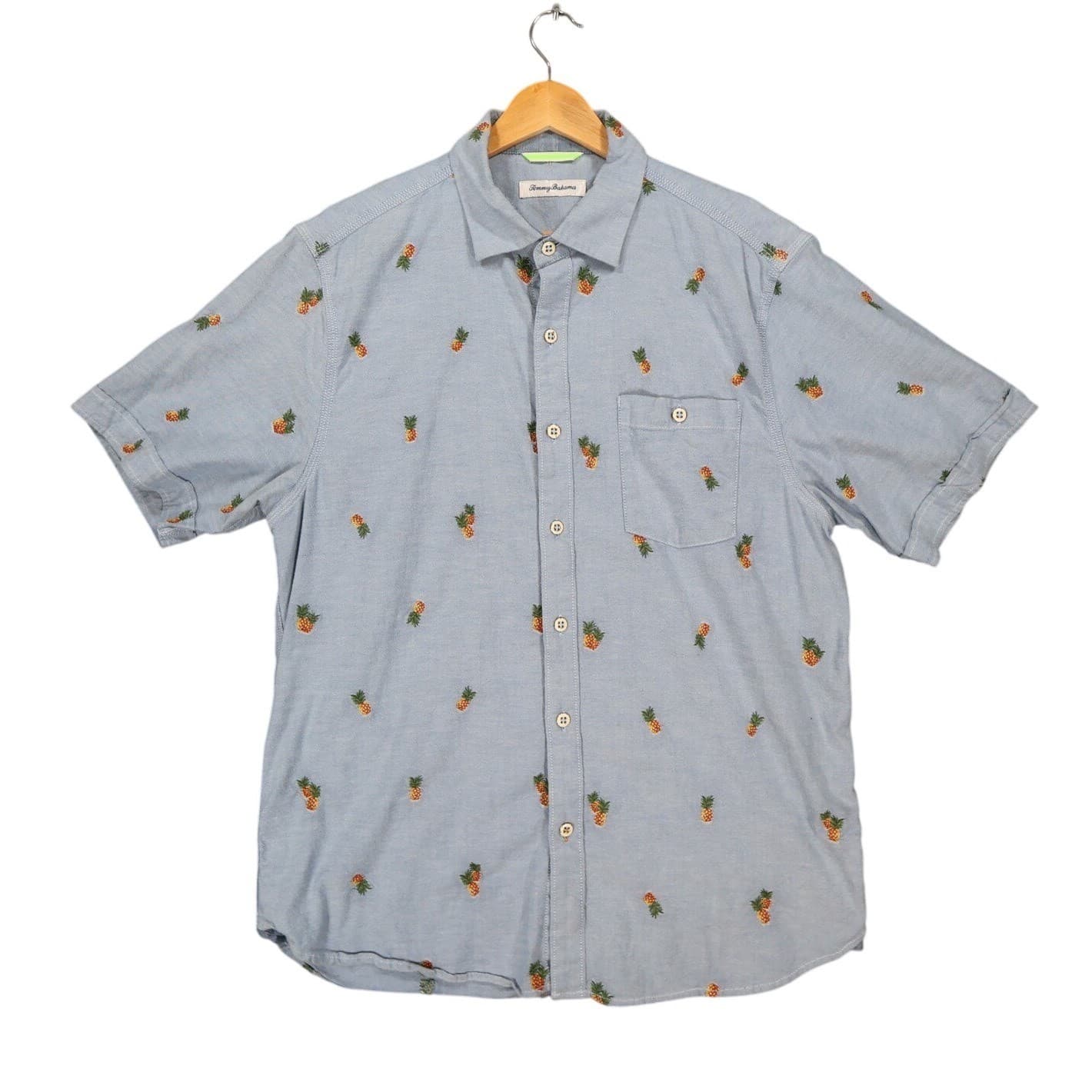 Tommy Bahama Shirt Mens Medium Blue Excellent Pineapple Embroidered Cotton Blend