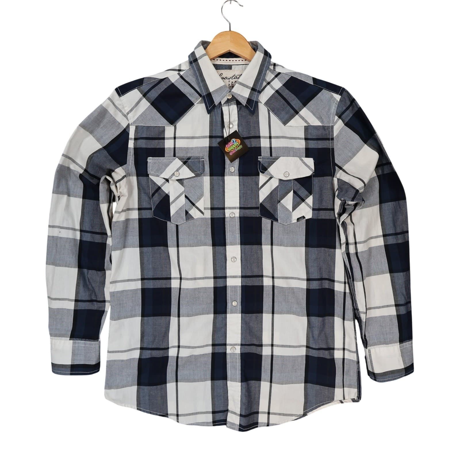 Coastal Western Shirt Mens Large Blue Plaid Excellent Snap Front