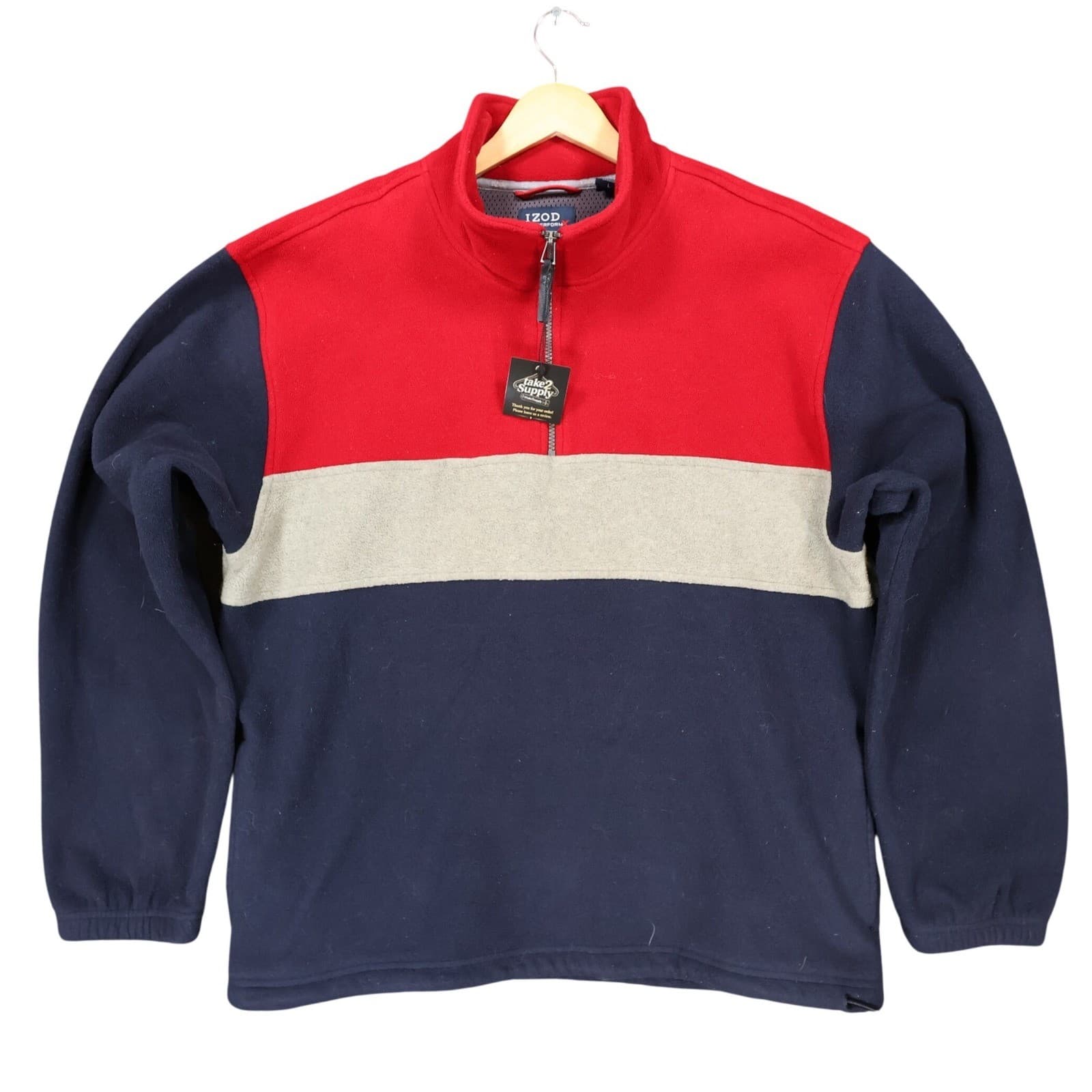 IZOD Fleece Pullover Mens Large Red Excellent Colorblock Quarter Zip