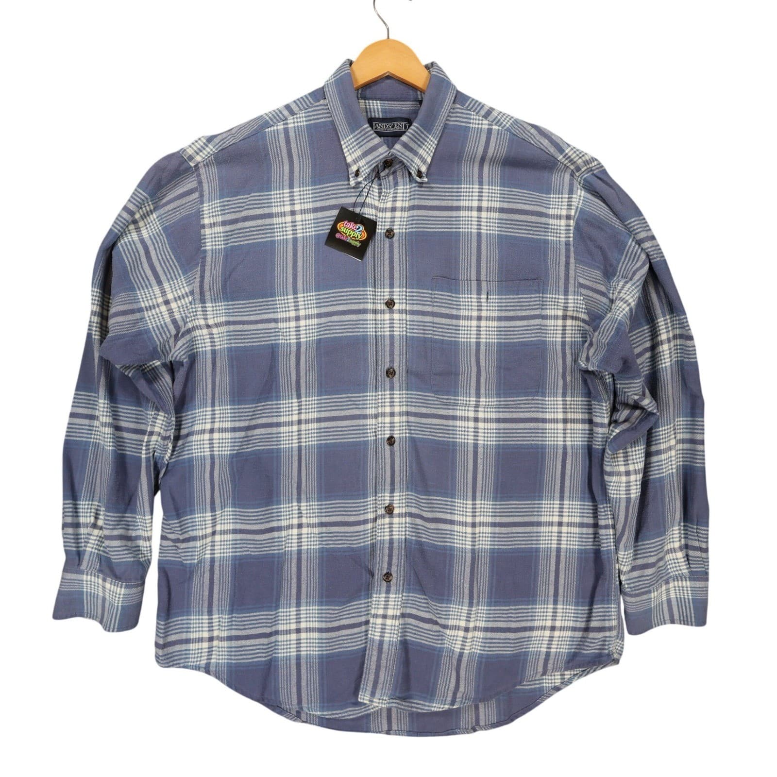 Lands End Flannel Shirt Mens L Blue Excellent Plaid Button Down