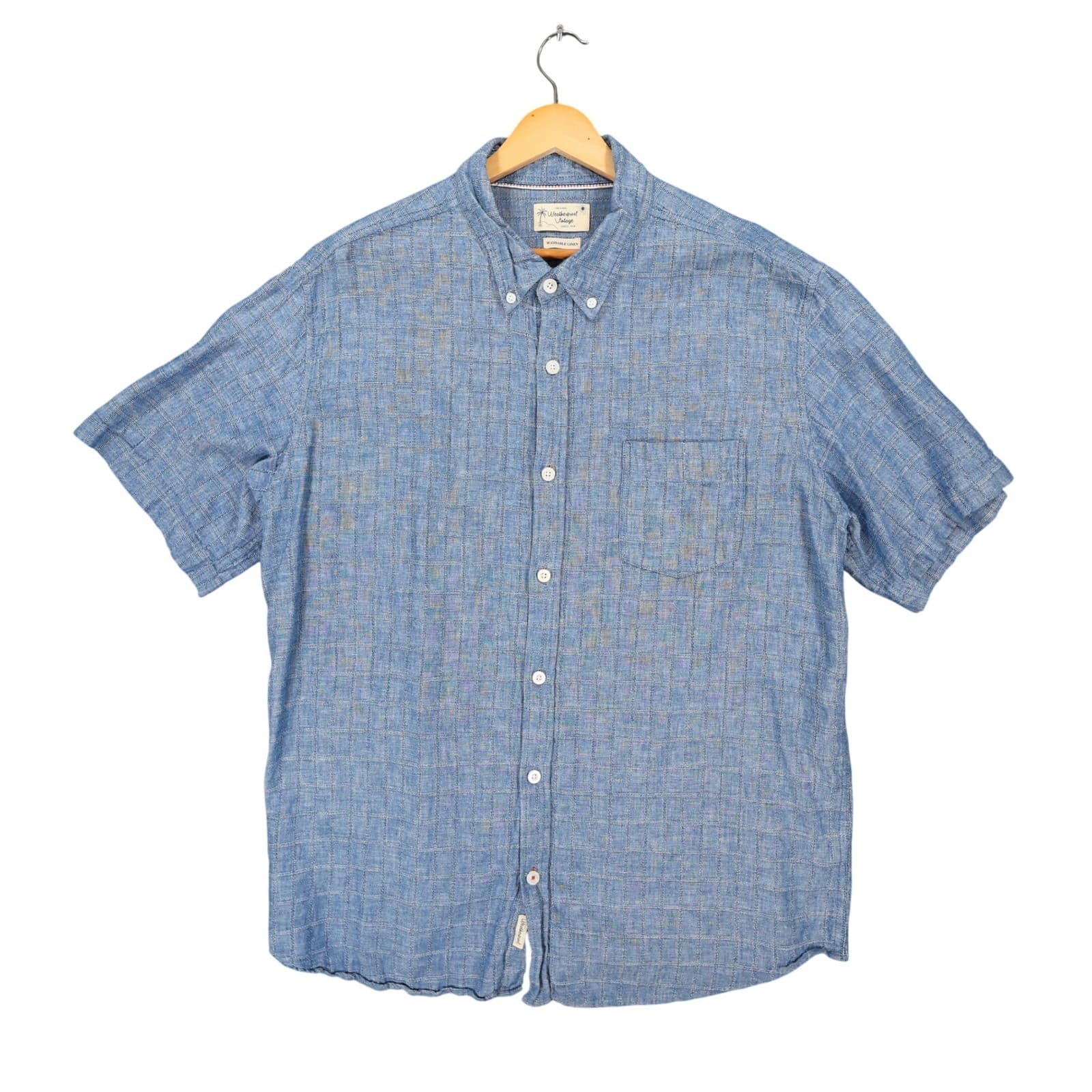 Weatherproof Vintage Shirt Mens XL Blue Excellent Washable Linen Short Sleeve