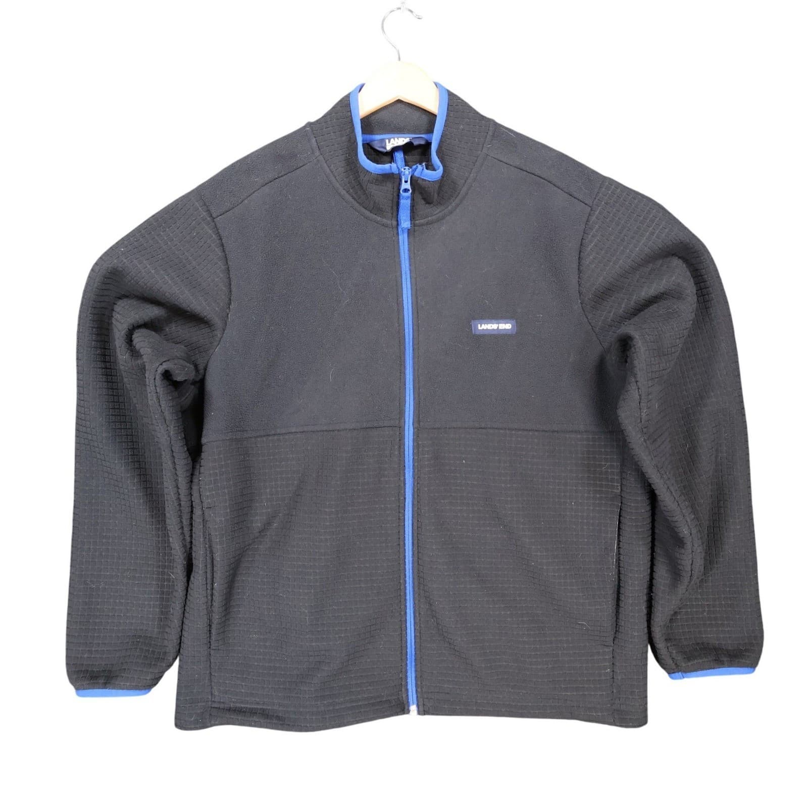 Lands' End Fleece Jacket Mens Large Black Excellent Grid Texture Full Zip