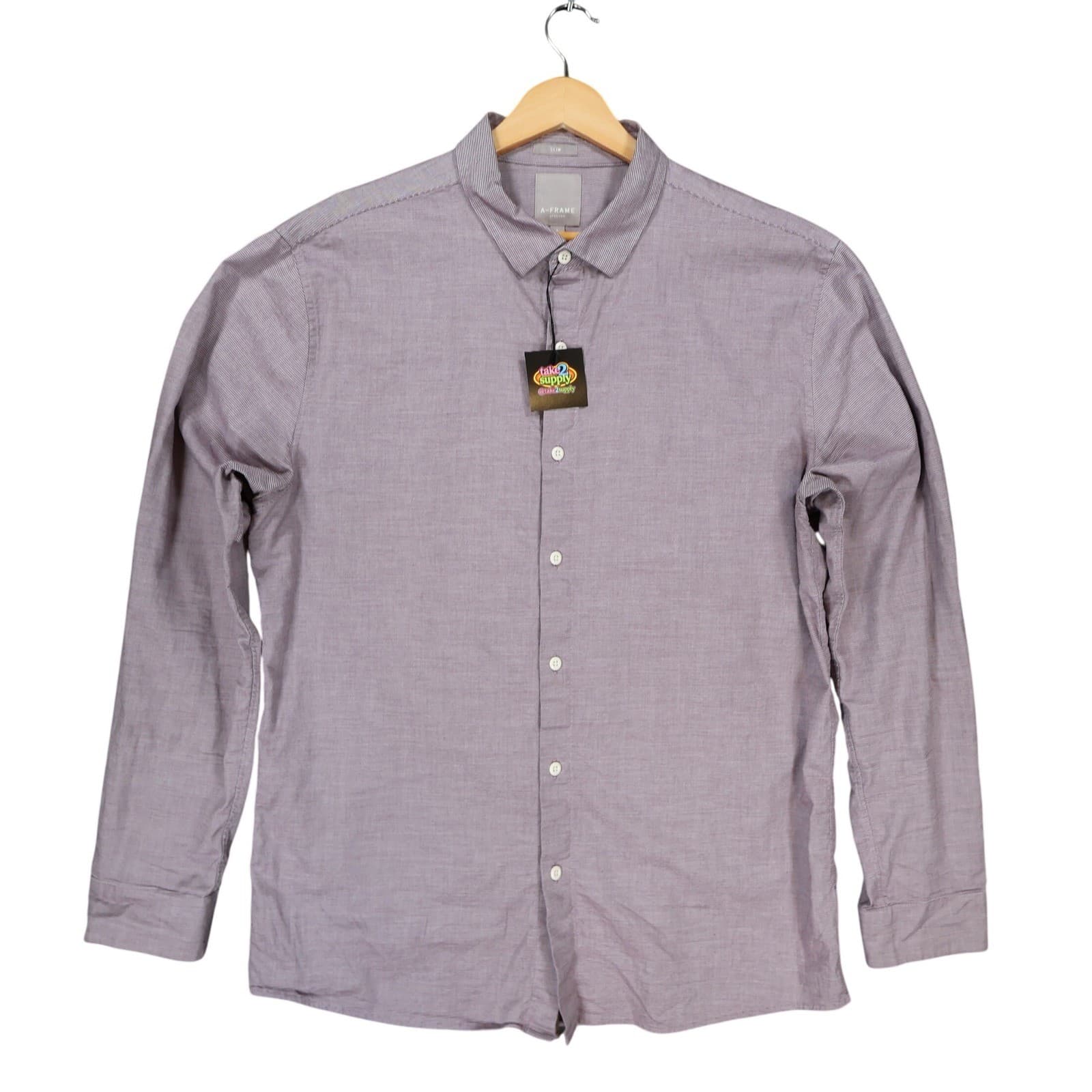 A-FRAME Button Up Mens L Purple Excellent Slim Fit Stretch Micro Stripe