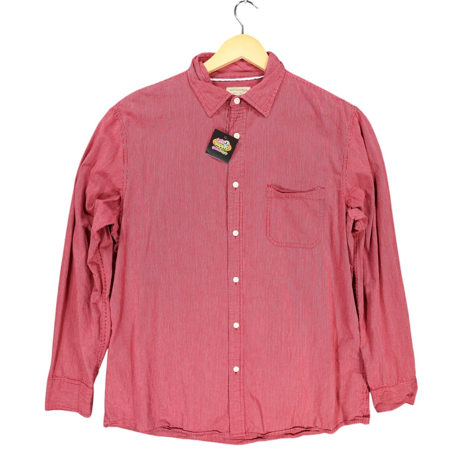 Sonoma Button Down Mens Large Red Excellent Striped Poplin