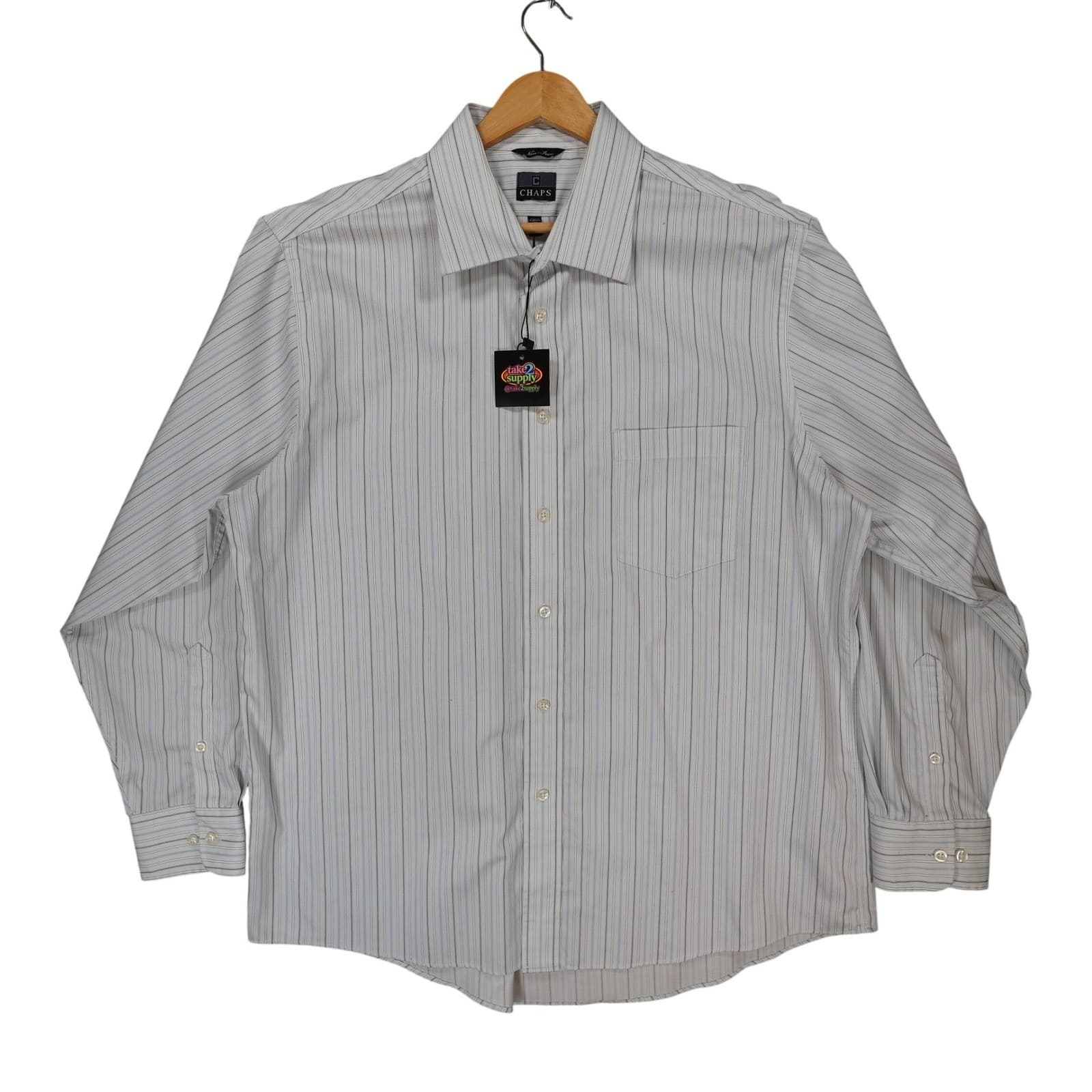 Chaps Button Down Shirt Mens 17.5 White Striped Excellent Non-Iron Classic Fit