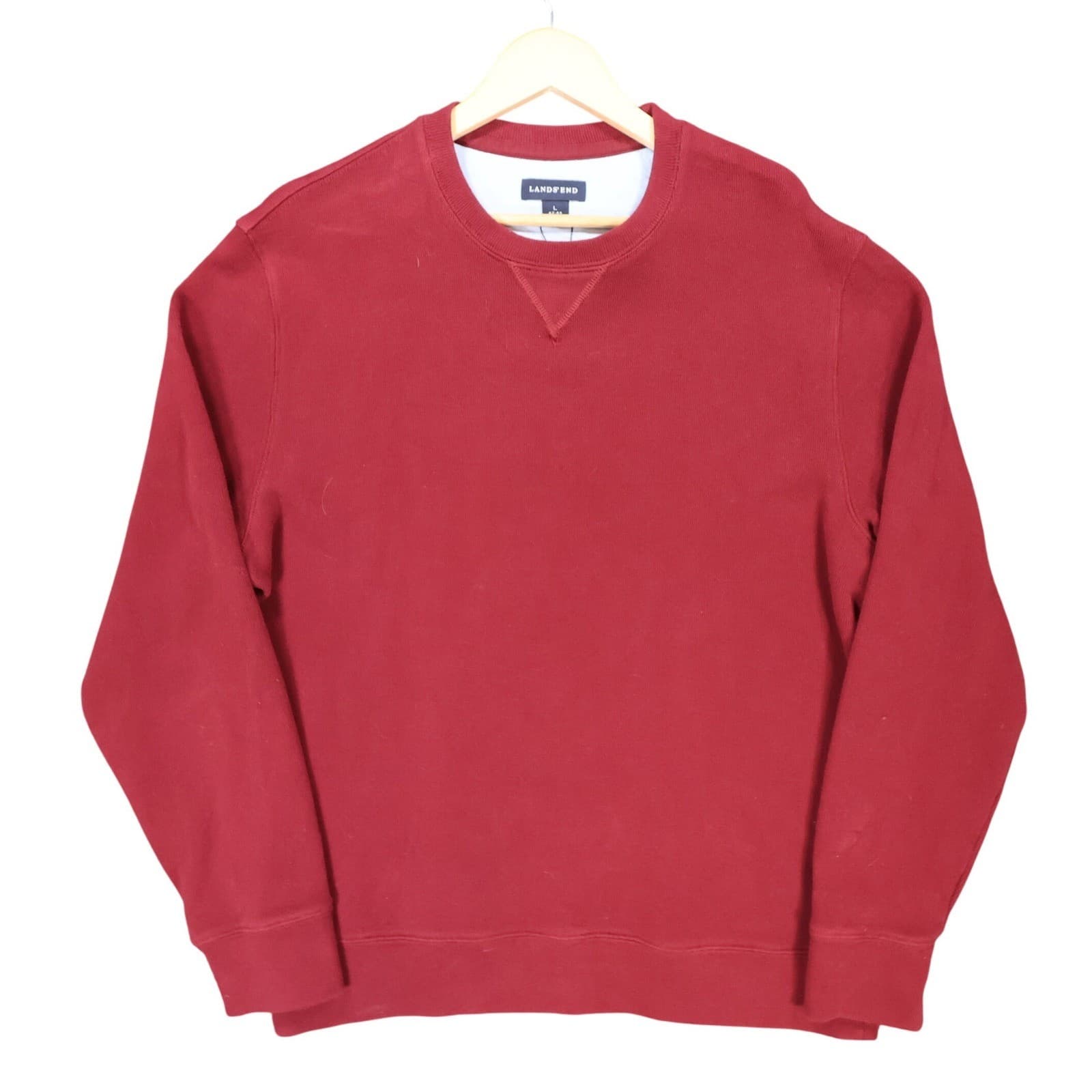 Lands End Sweatshirt Mens L Red Excellent Crewneck Ribbed Trim
