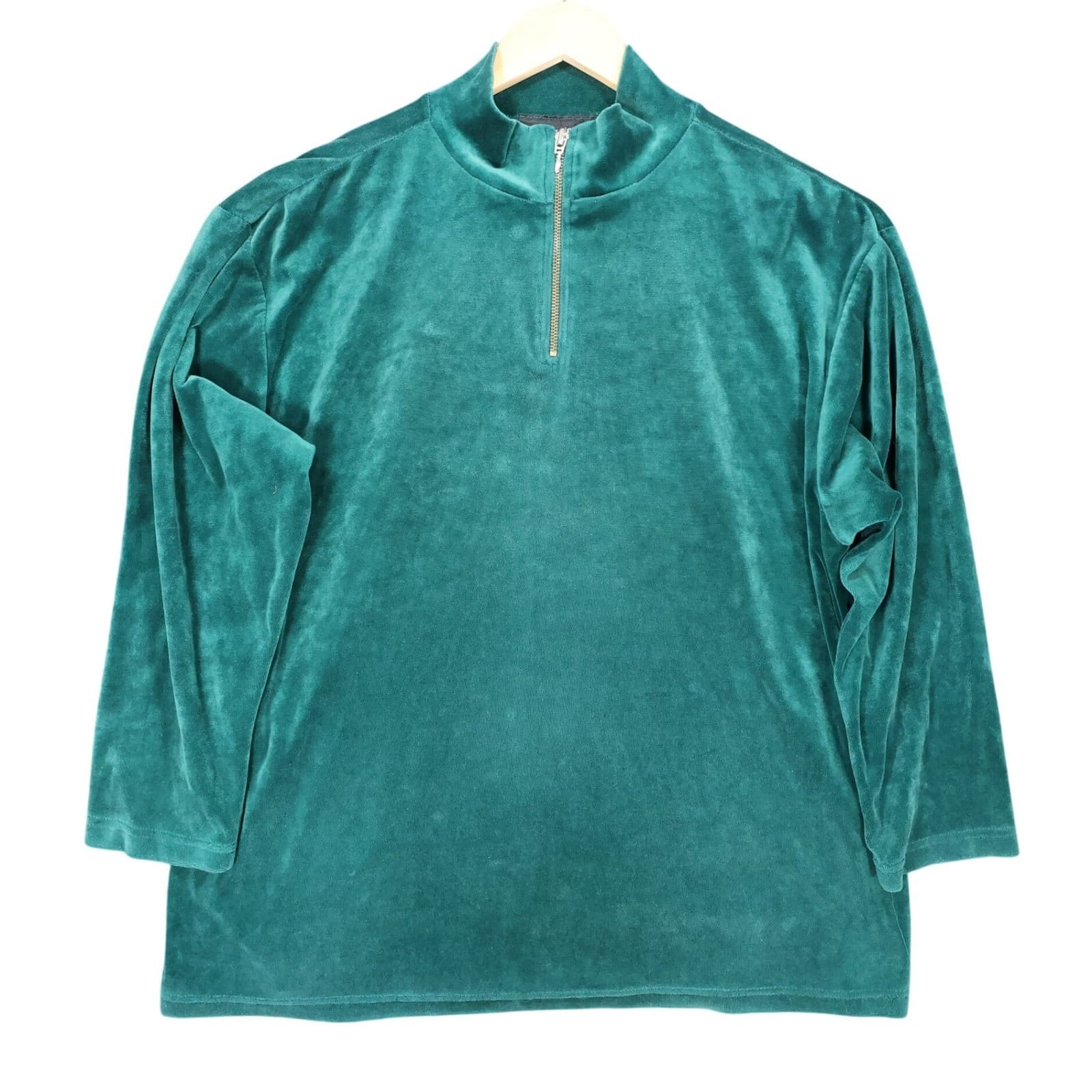 Sag Harbor Pullover Women Large Green Excellent Velour Quarter Zip
