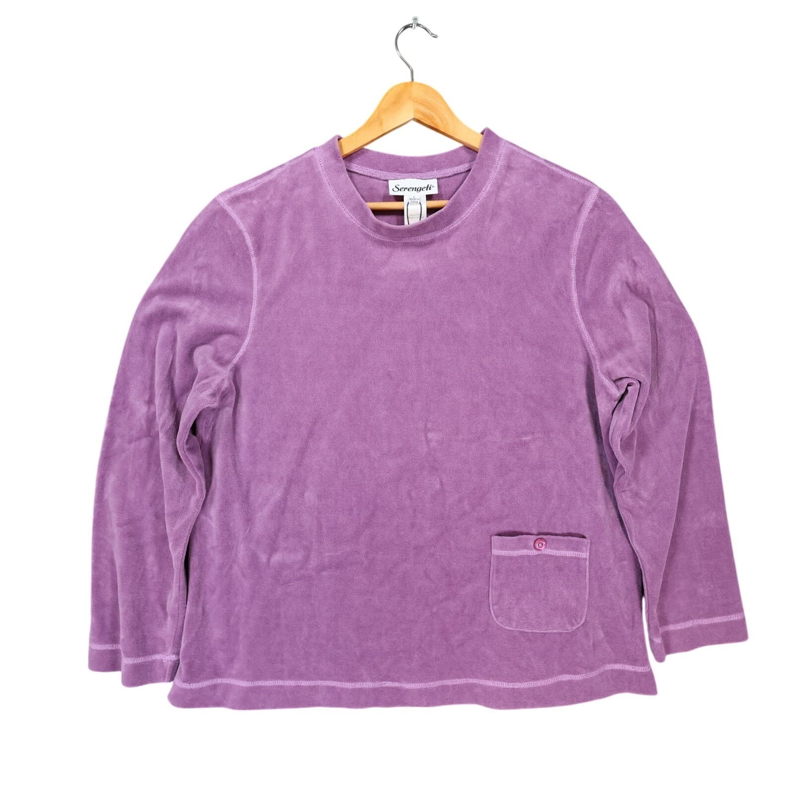Serengeti Velour Pullover Womens Large Purple Excellent Long Sleeve Pocket Top