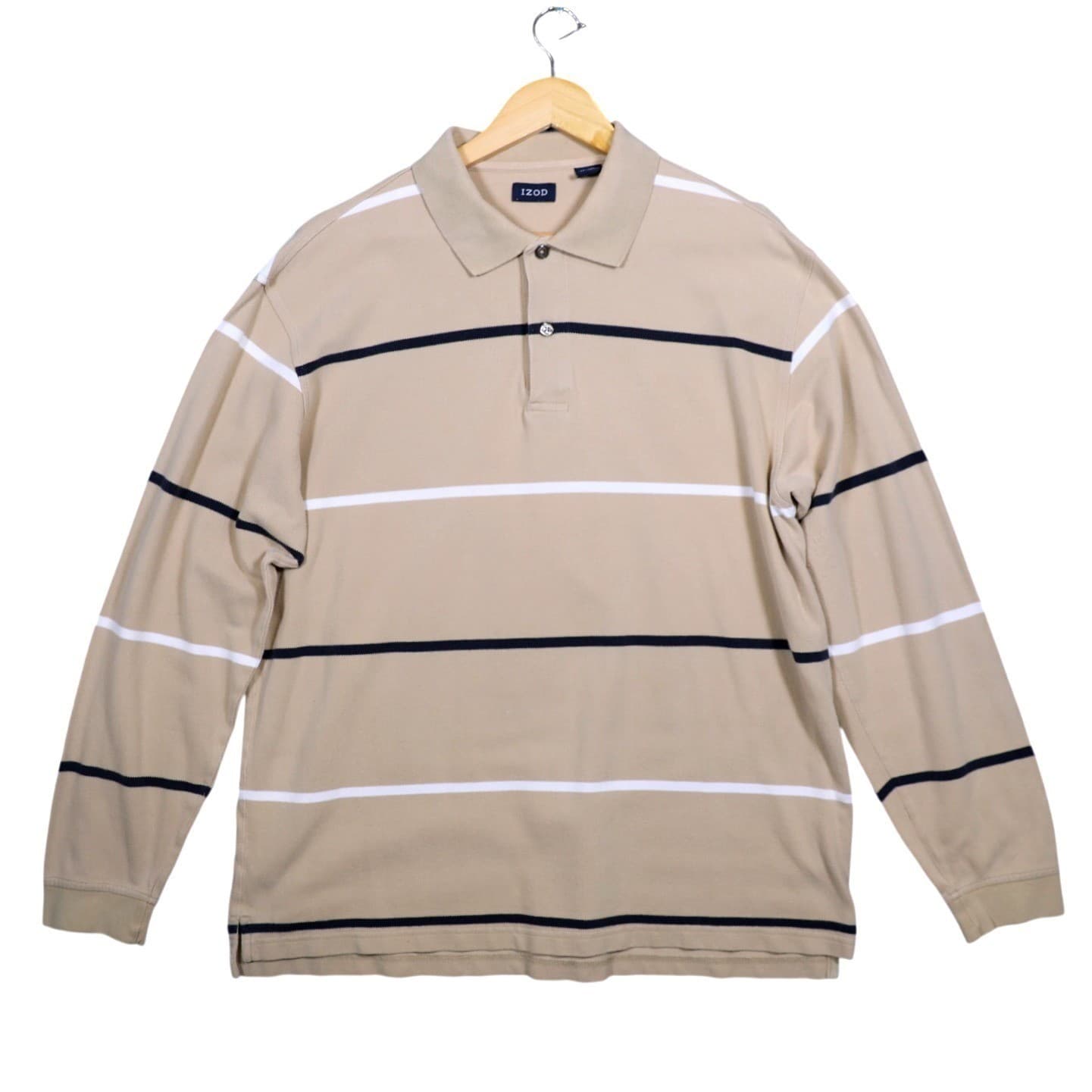 IZOD Mens Long Sleeve Polo Shirt Tan Stripe Casual Size L