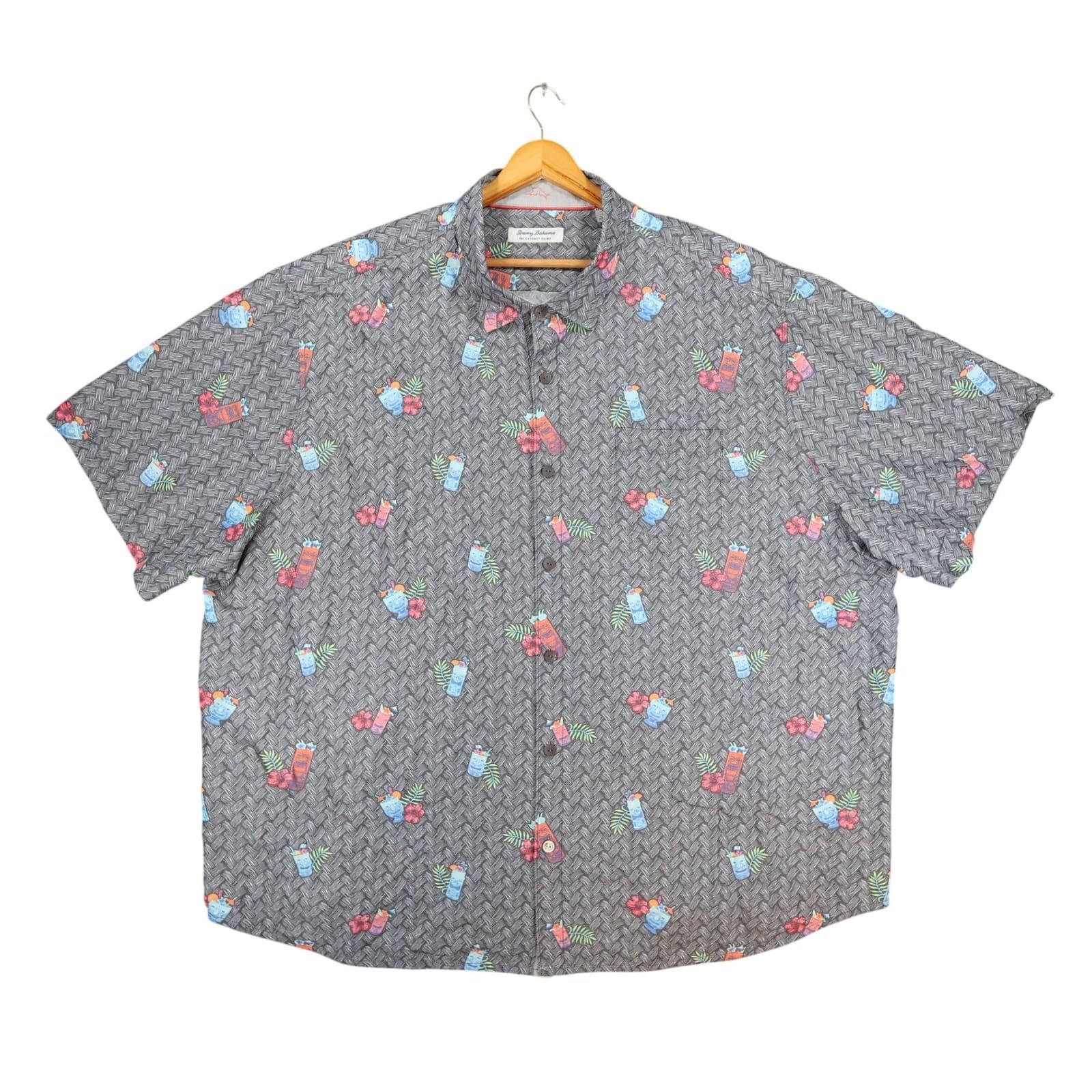 Tommy Bahama Button Up Shirt Mens 3XL Gray Coconut Point Tiki Cocktail Hawaiian