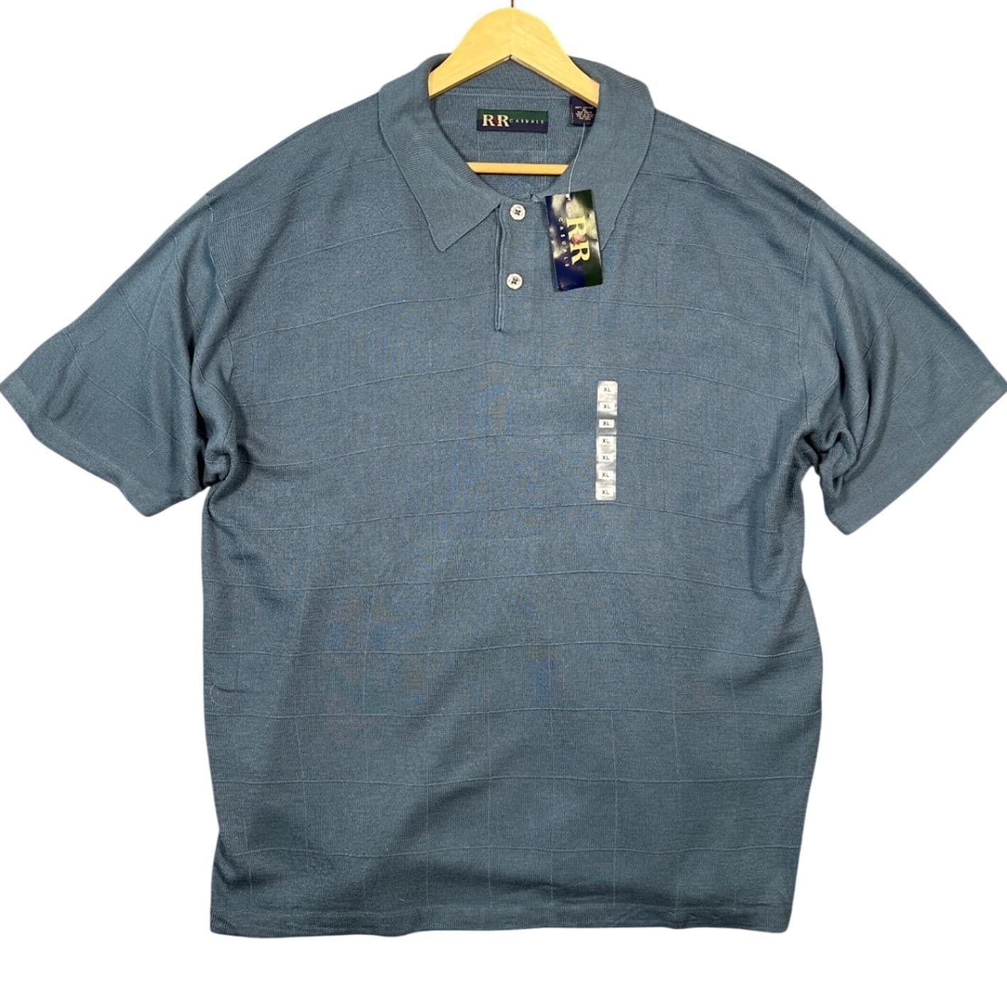R&R Casuals Men's Blue Plaid Knit Polo Shirt XL Short Sleeve Button Neck NWT