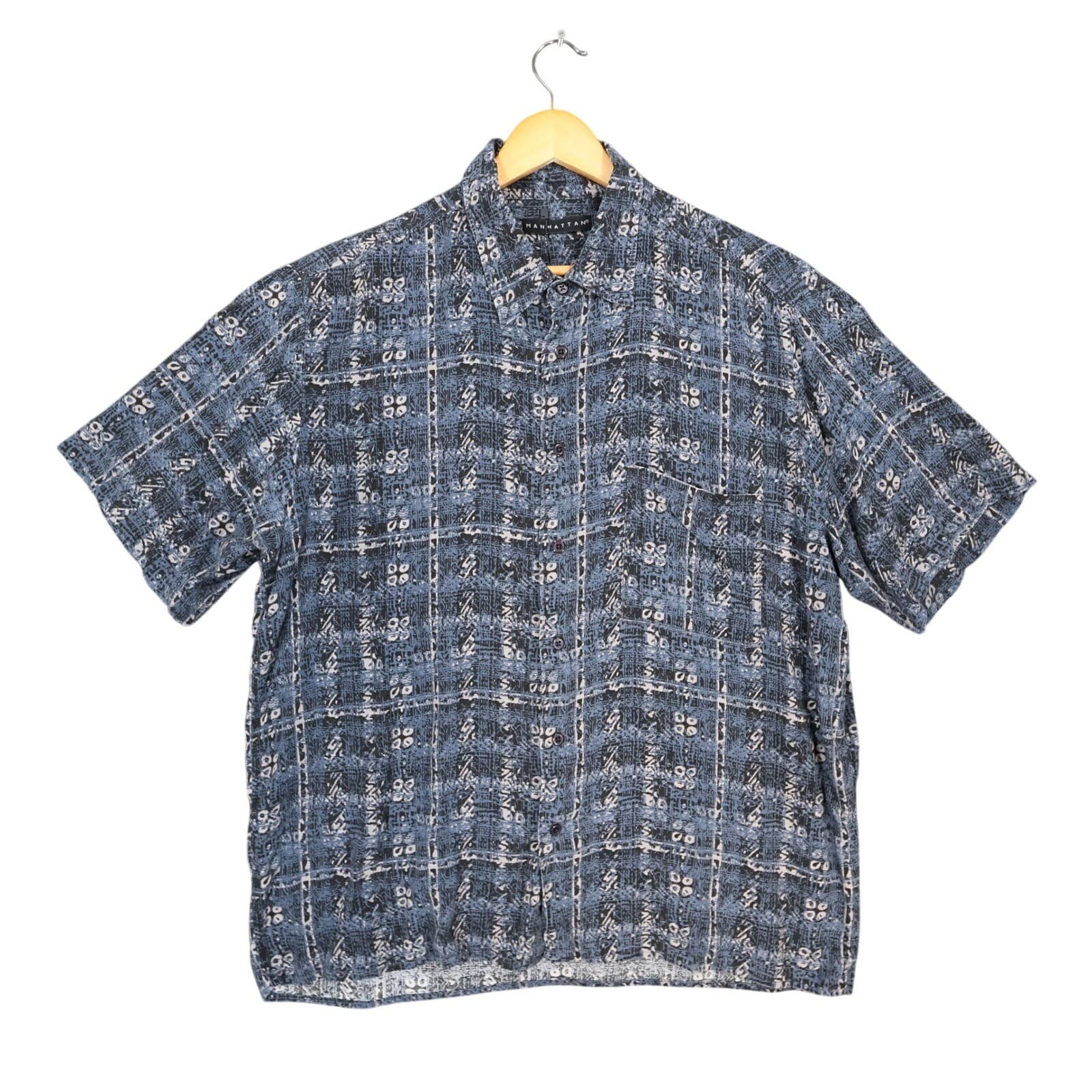 Manhattan Vintage Shirt Mens XL Blue Excellent Short Sleeve Button Up Print