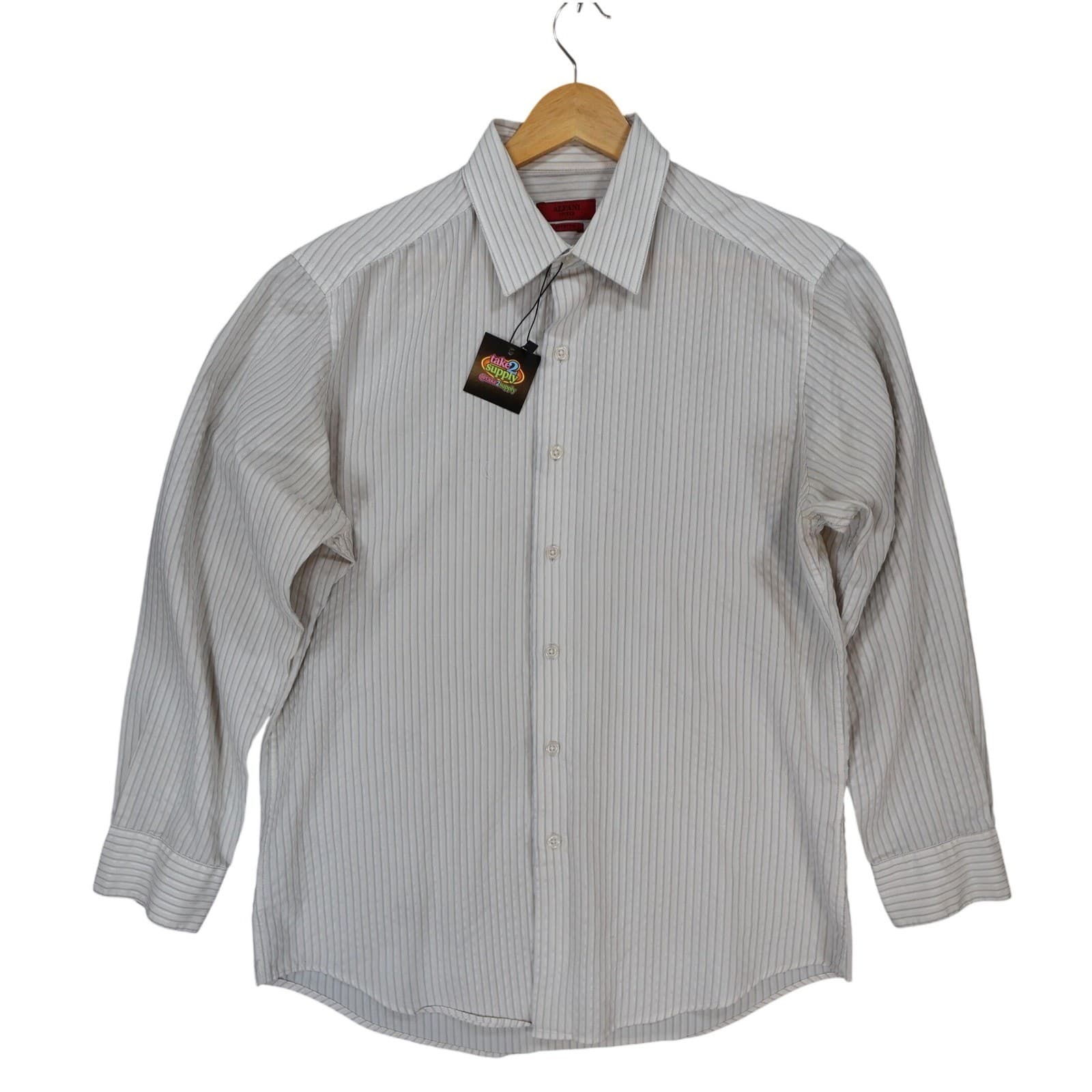 Alfani Button Down Mens M White Excellent Fitted Stretch Easy Care Striped