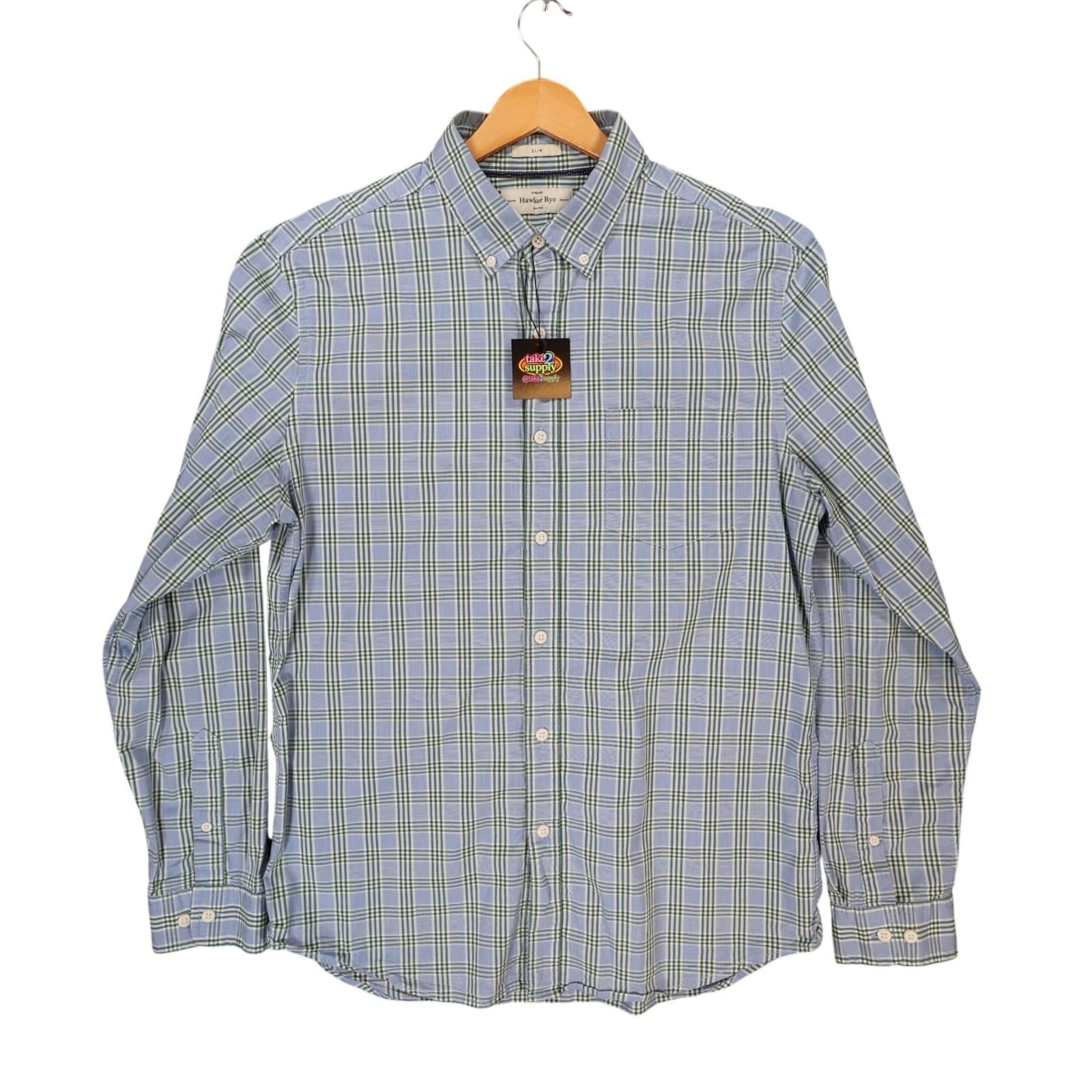 Hawker Rye Button Down Mens L Blue Excellent Plaid Stretch Slim Fit Shirt