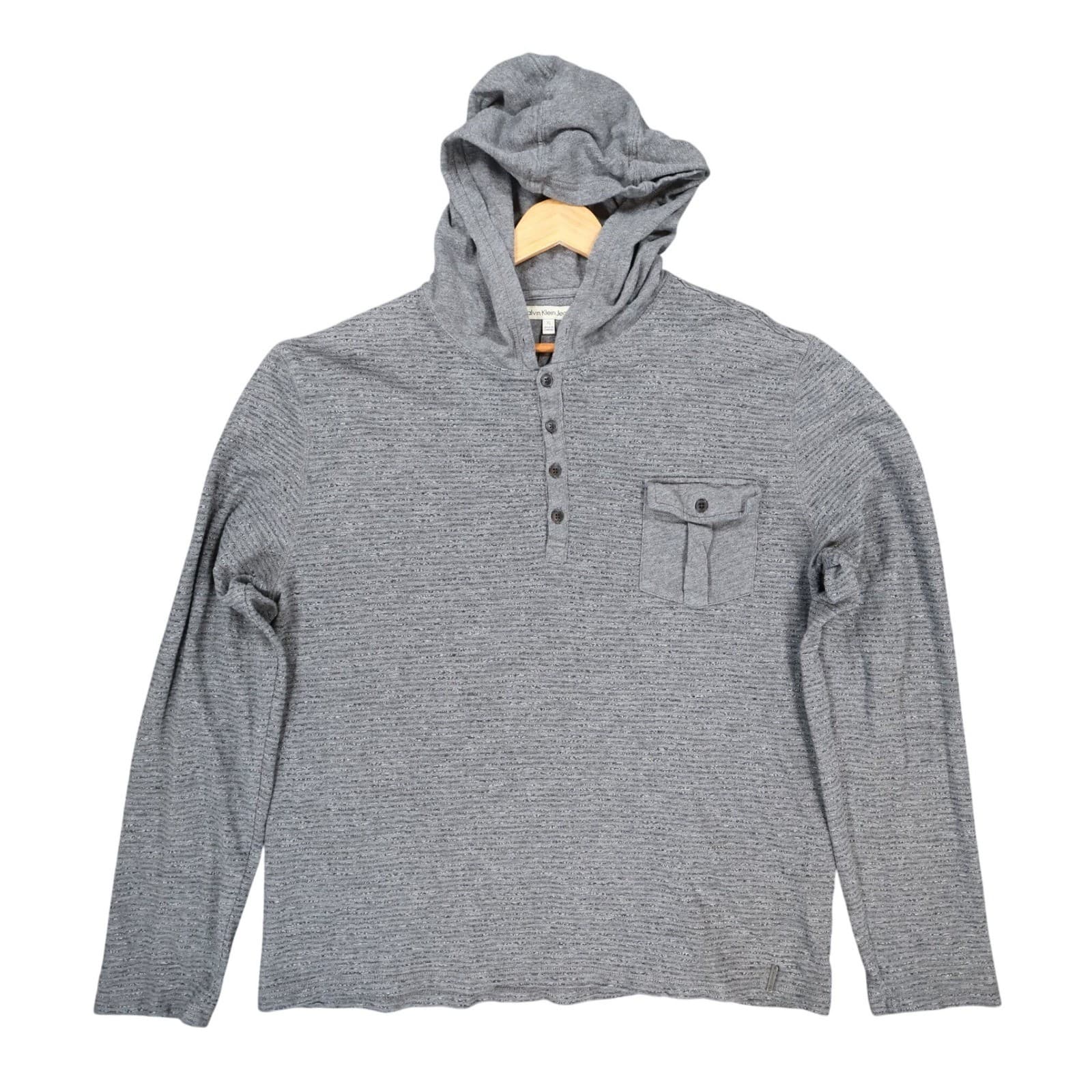 Calvin Klein Jeans Hoodie Mens XL Gray Excellent Henley Pocket Striped